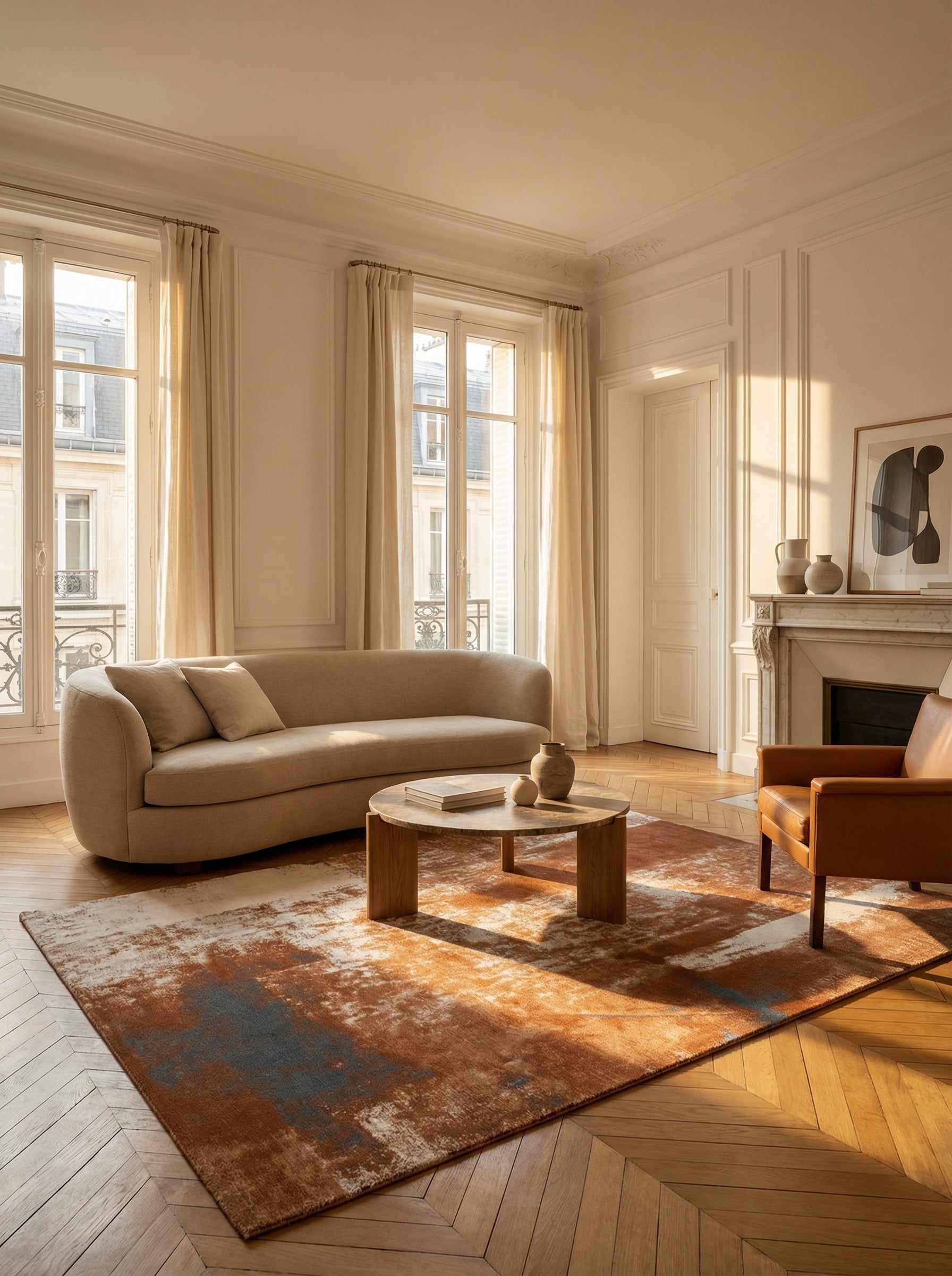 Tapis rectangulaire terracotta et bleu dans salon élégant. Ambiance chaleureuse et conviviale