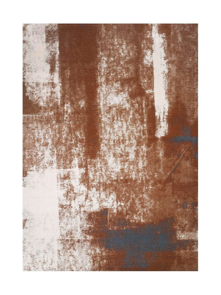 Tapis abstrait rectangulaire. Motifs irréguliers bruns et blancs. Ambiance chaleureuse