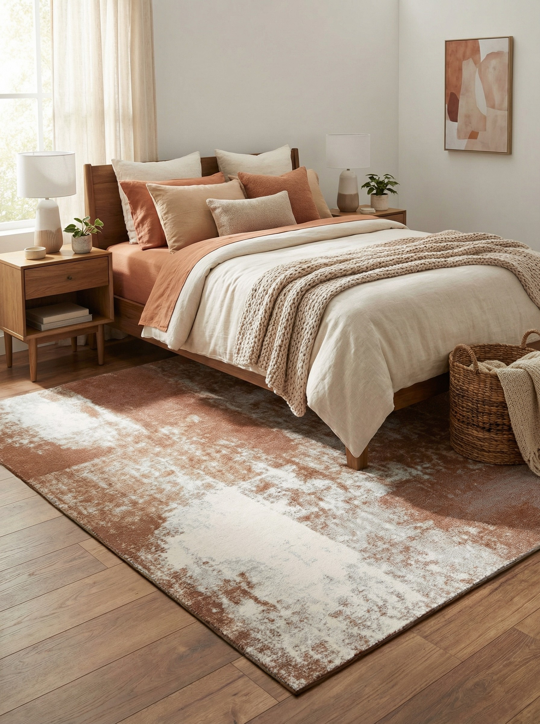 Tapis rectangulaire terracotta et ambre, doux et confortable. Crée une ambiance reposante dans la chambre