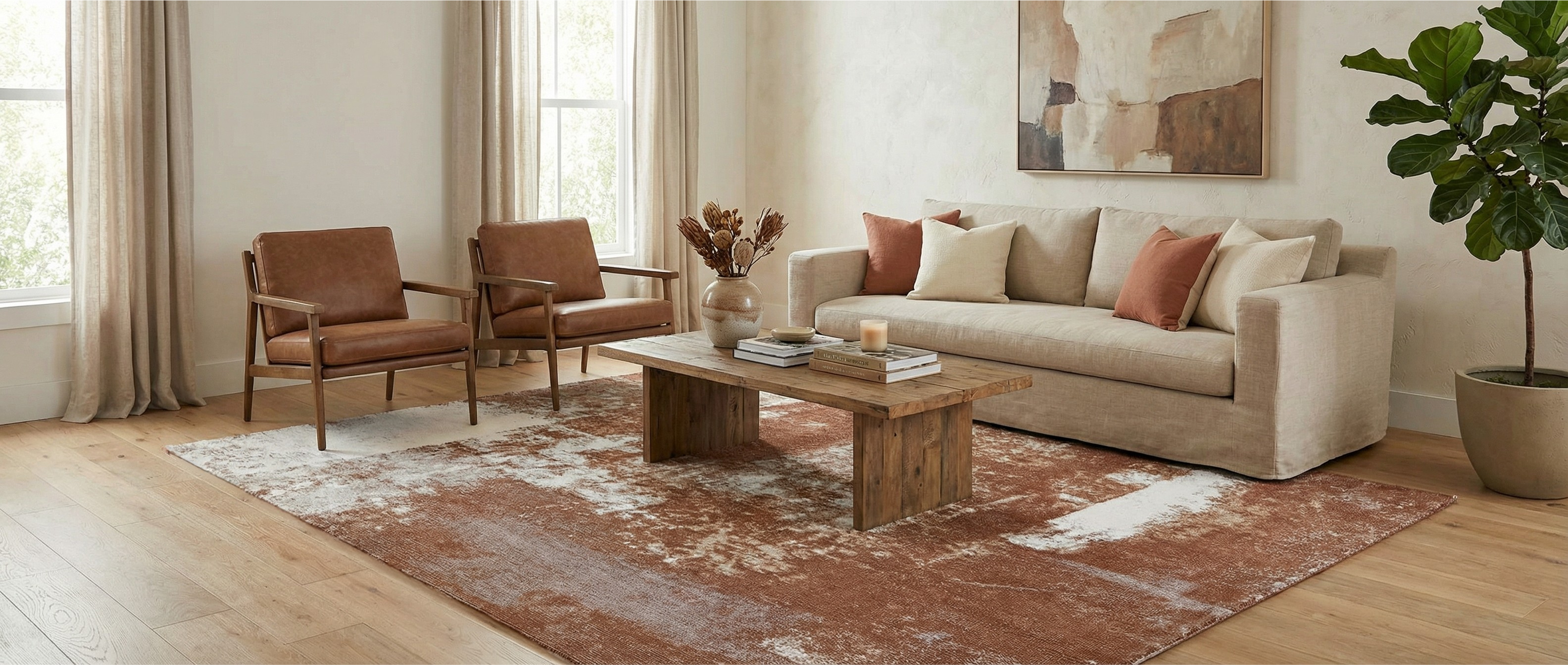 Le tapis rectangulaire terracotta transforme la pièce, créant une harmonie chaleureuse avec les couleurs et l'ambiance