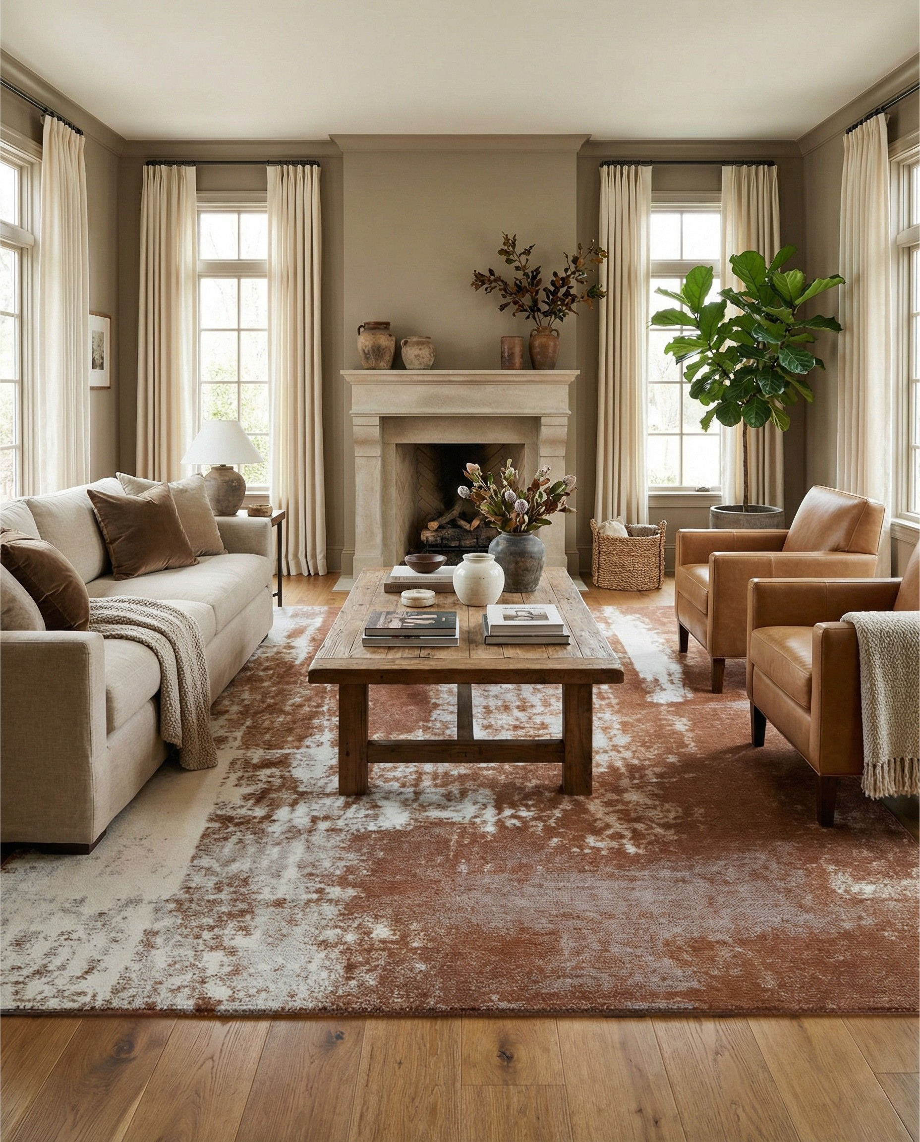 Tapis rectangulaire terracotta et blanc, pièce chaleureuse. Le tapis ajoute de la couleur et définit l'espace salon