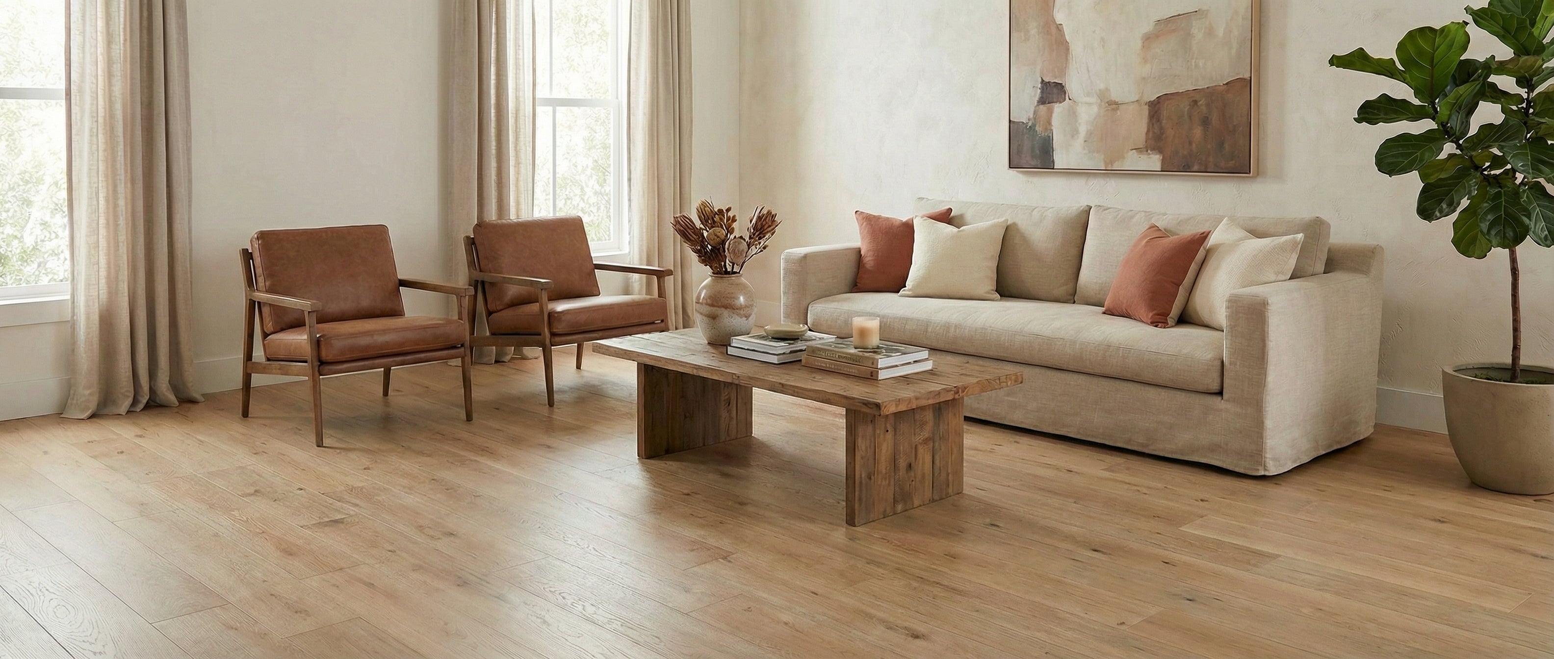 Pièce lumineuse avec canapé clair, fauteuil cuir. Sol en bois clair, espace vide. Potentiel déco: tapis rond, couleurs