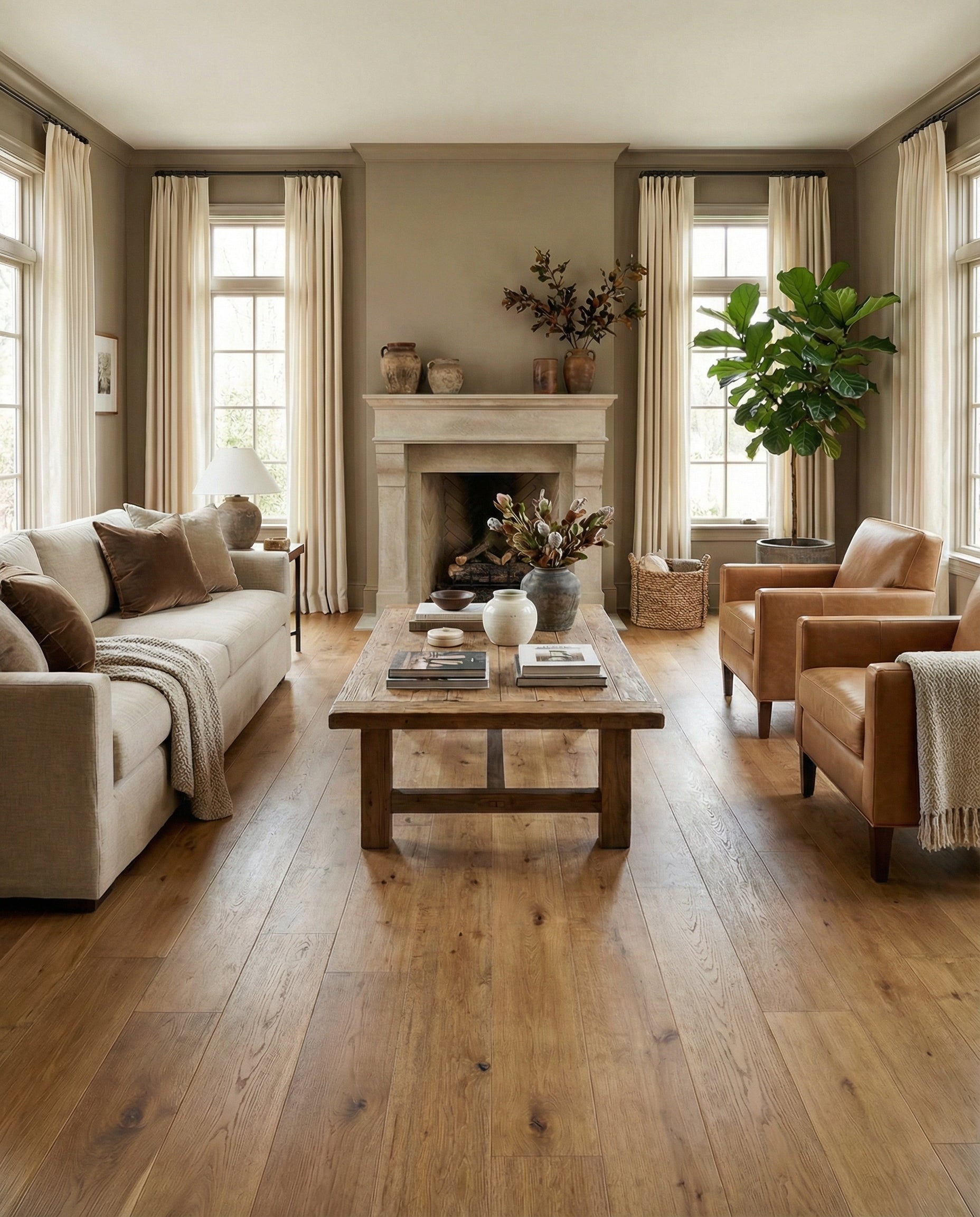 Pièce avec plancher de bois clair, canapé, fauteuils gris, cheminée en pierre, plantes, ambiance chaleureuse, espace vide