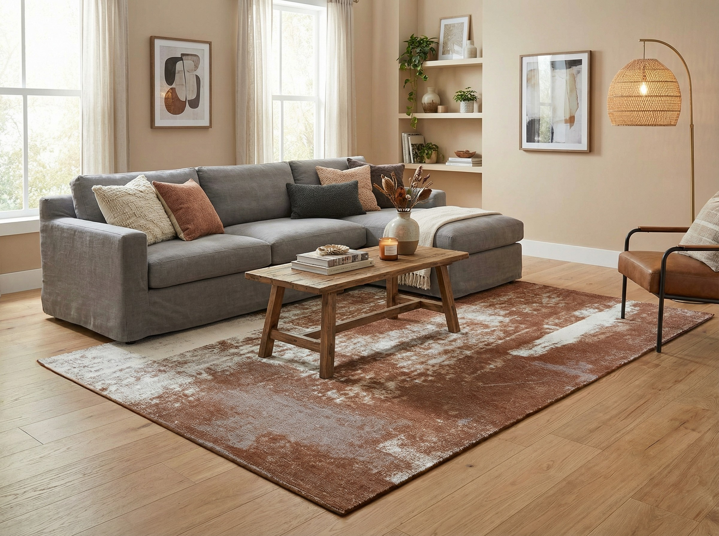 Tapis rectangulaire terracotta et blanc, pièce lumineuse, ambiance chaleureuse, style déco moderne