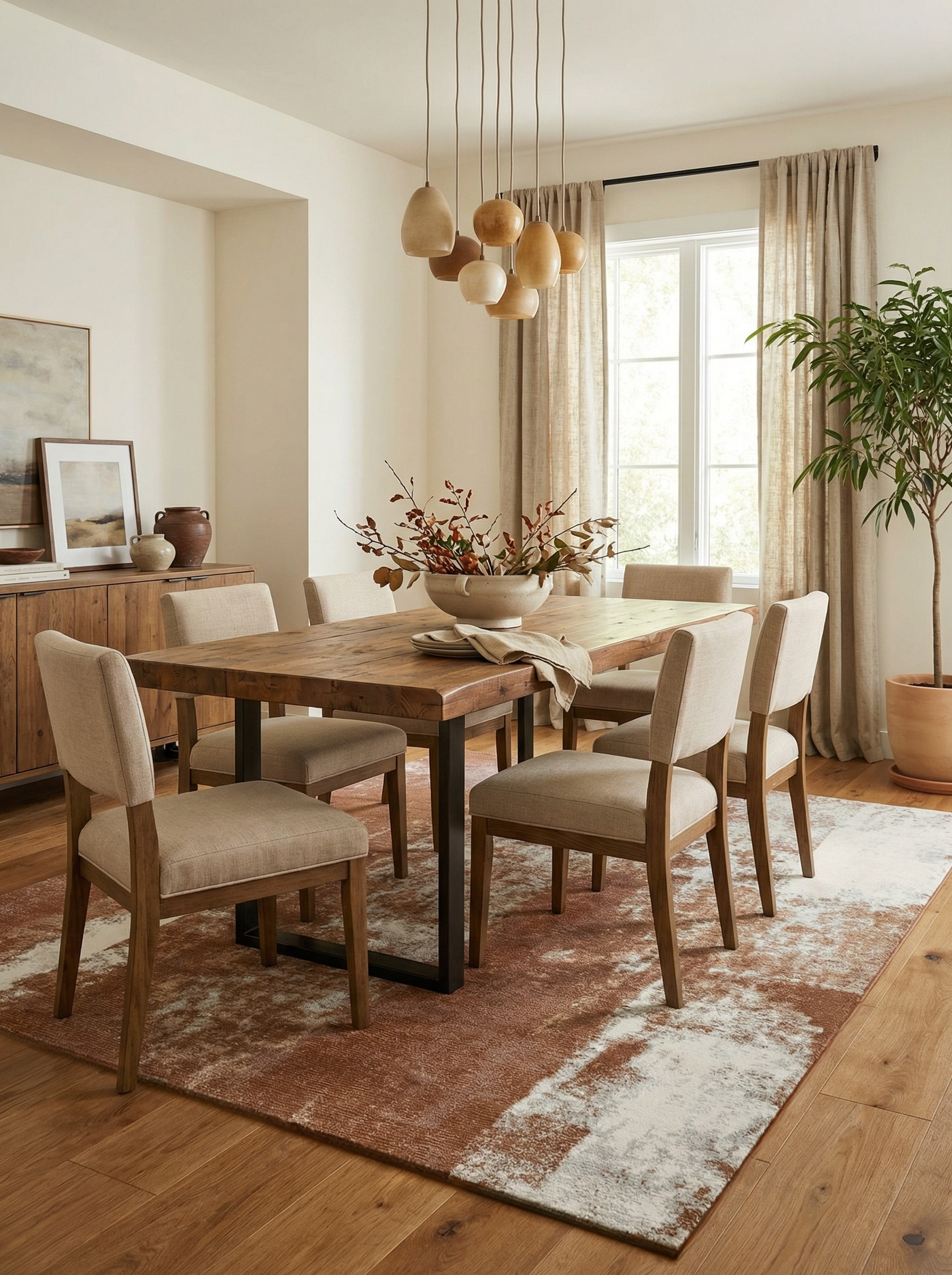 Tapis rectangulaire terracotta et blanc, ambiance chaleureuse pour définir l'espace repas, convivial