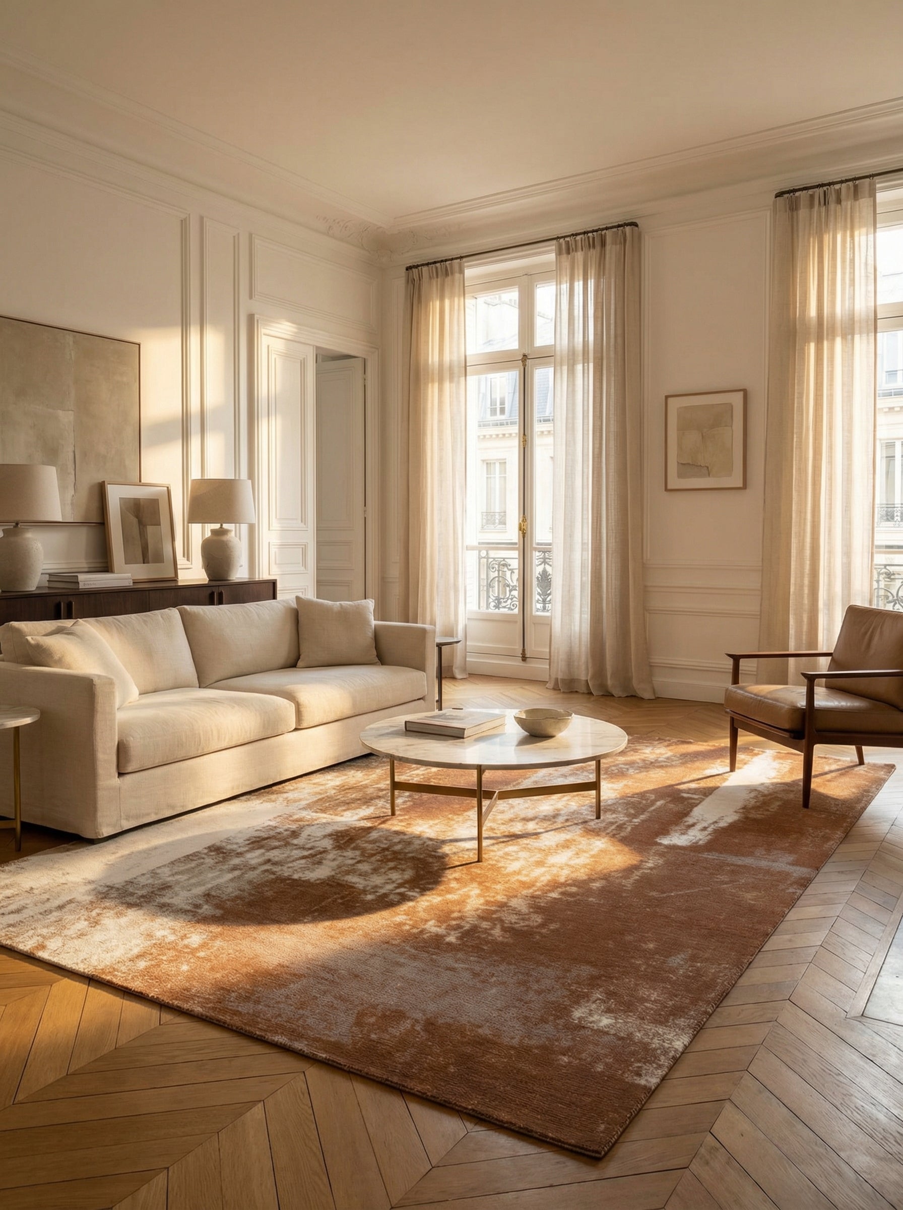 Tapis rectangulaire terracotta et bleu dans salon élégant. Ambiance chaleureuse et conviviale