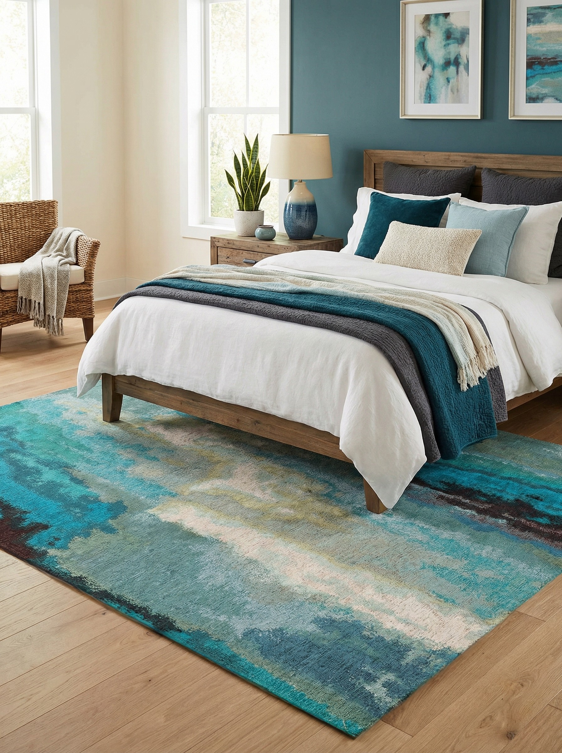 Tapis rectangulaire aux tons turquoise et ambre, douceur et confort pour une ambiance reposante dans la chambre