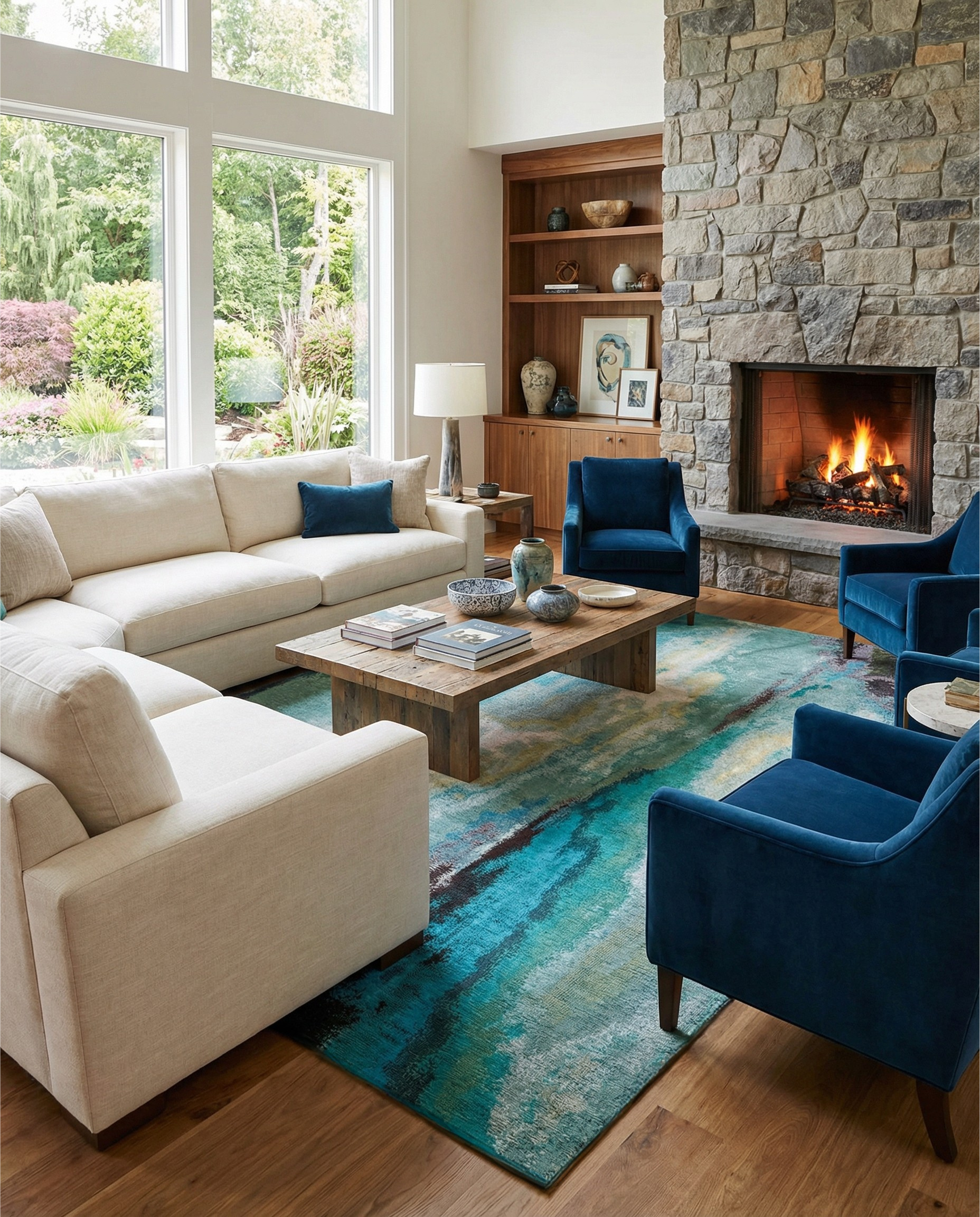 Tapis rectangulaire turquoise crée une ambiance chaleureuse dans la pièce, ajoutant une touche de couleur et de confort