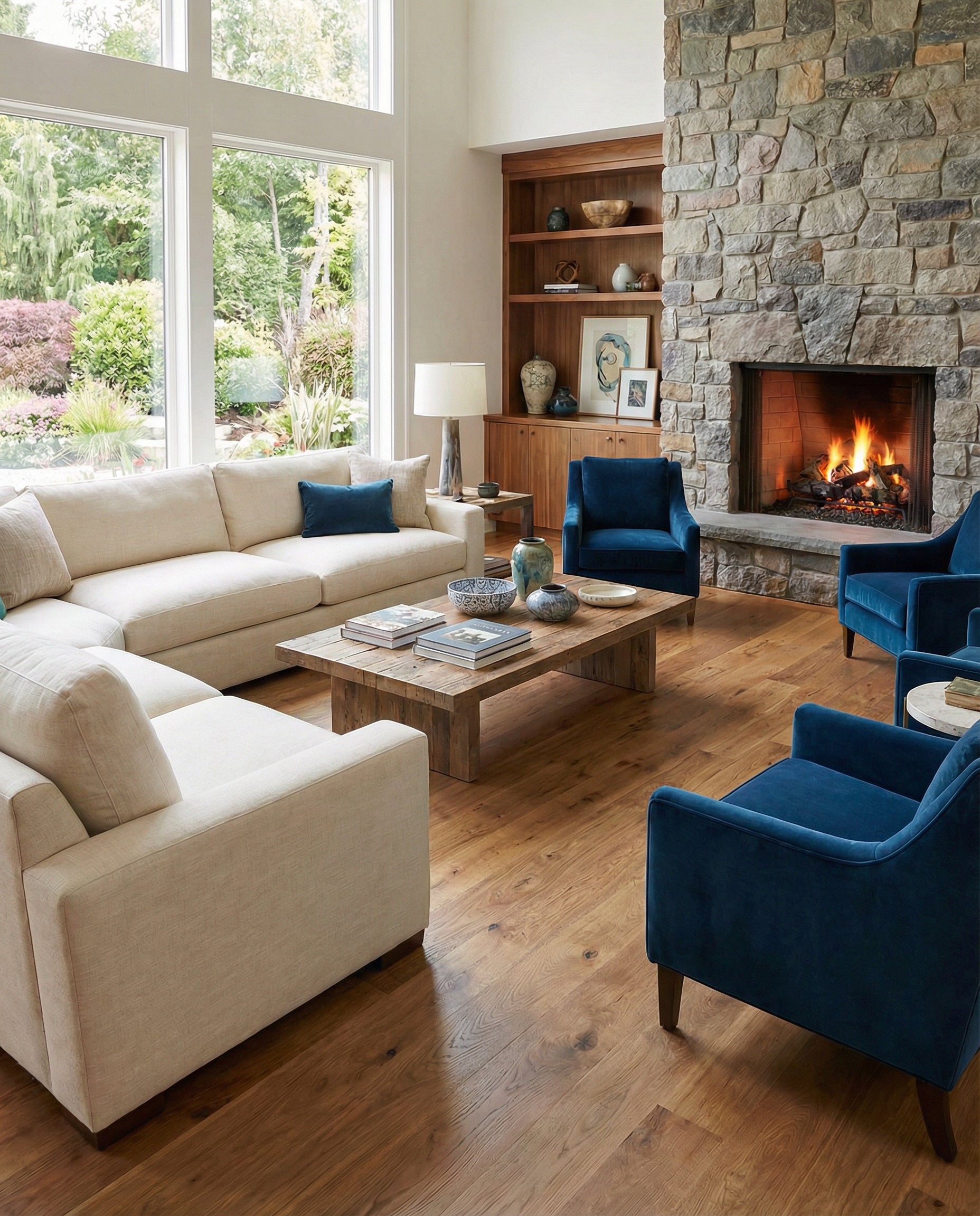 Pièce avec canapé crème, fauteuils bleus, cheminée en pierre, plancher en bois, ambiance chaleureuse, espace à transformer