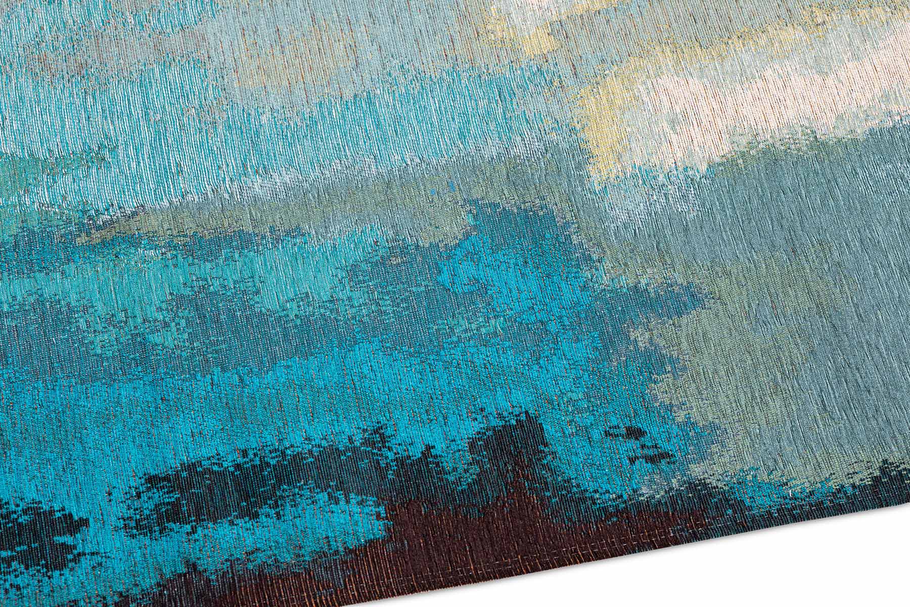 Tapis rectangulaire tissé avec relief. Effet tactile, couleurs turquoise et marron