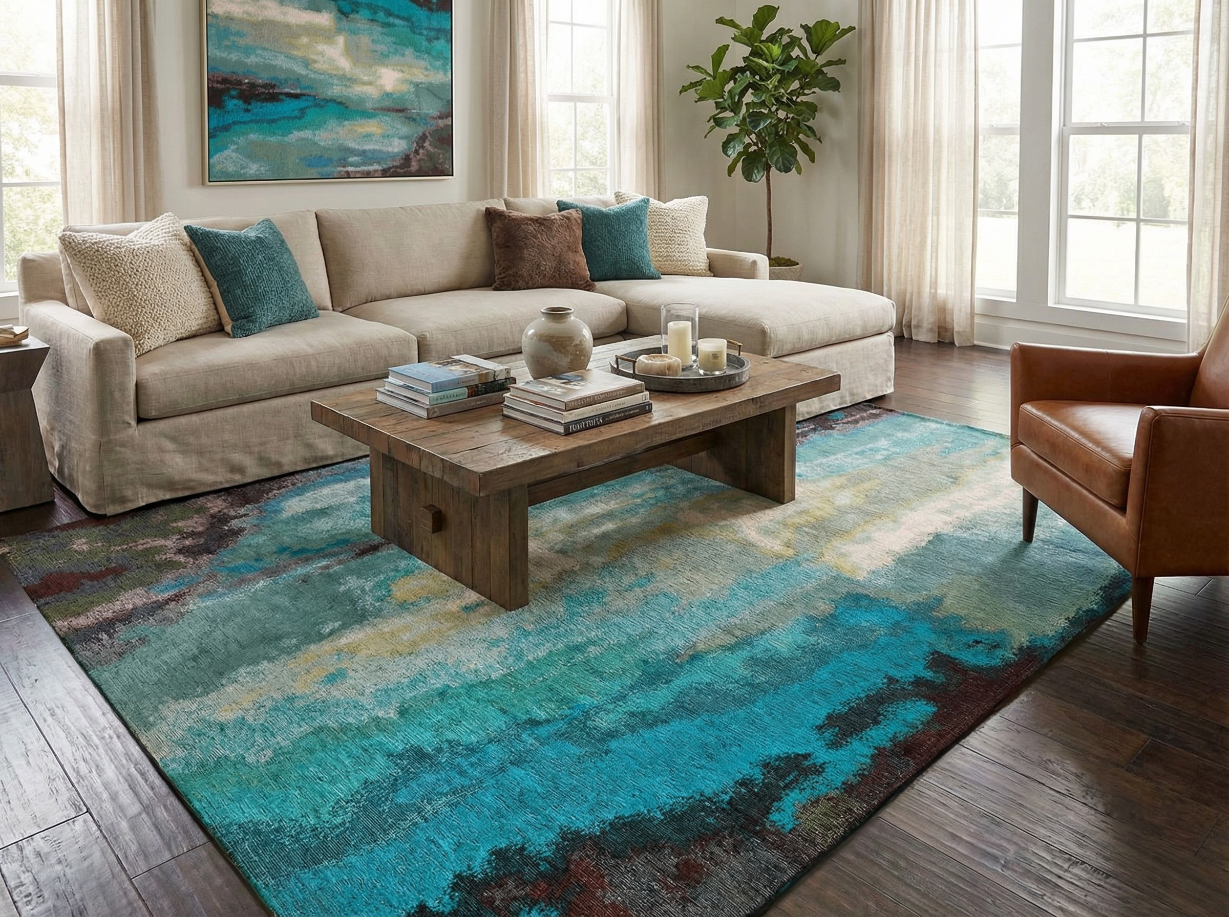 Tapis rectangulaire turquoise, style déco moderne. Crée une ambiance apaisante dans le salon