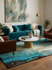 Tapis rectangulaire turquoise et brun, crée une ambiance apaisante dans le salon, en harmonie avec le décor