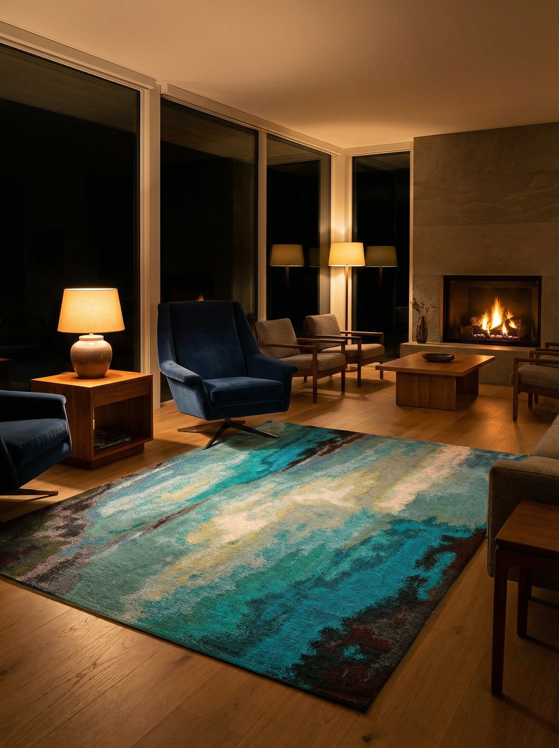 Tapis rectangulaire turquoise, éclairage doux, ambiance tamisée dans la pièce