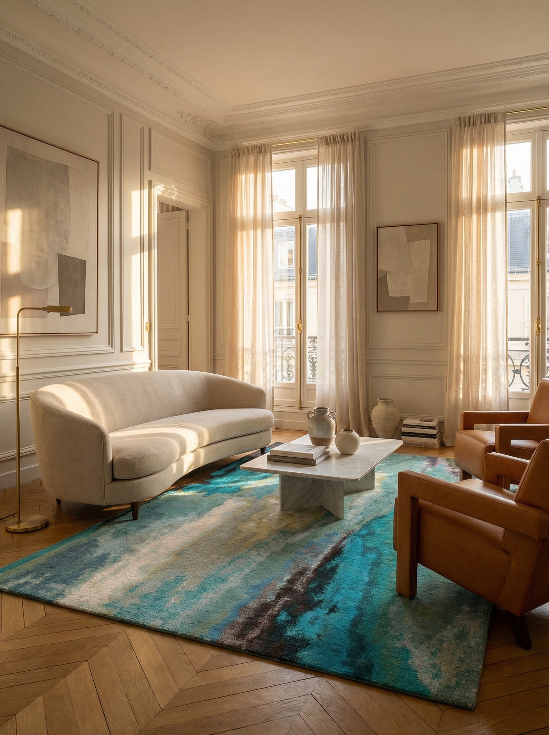 Tapis rectangulaire turquoise, ambiance soirée élégante. Convivialité, couleurs douces, pièce lumineuse