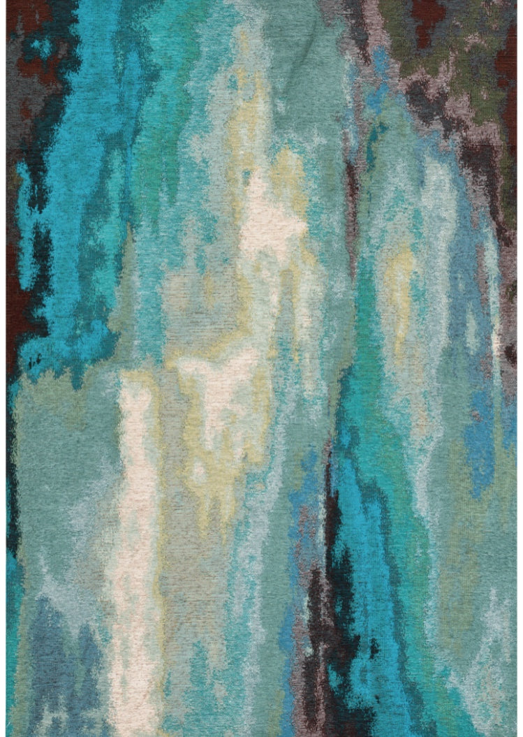 Tapis rectangulaire abstrait aux motifs flous, dominé par des nuances de turquoise, avec des touches de brun et de blanc