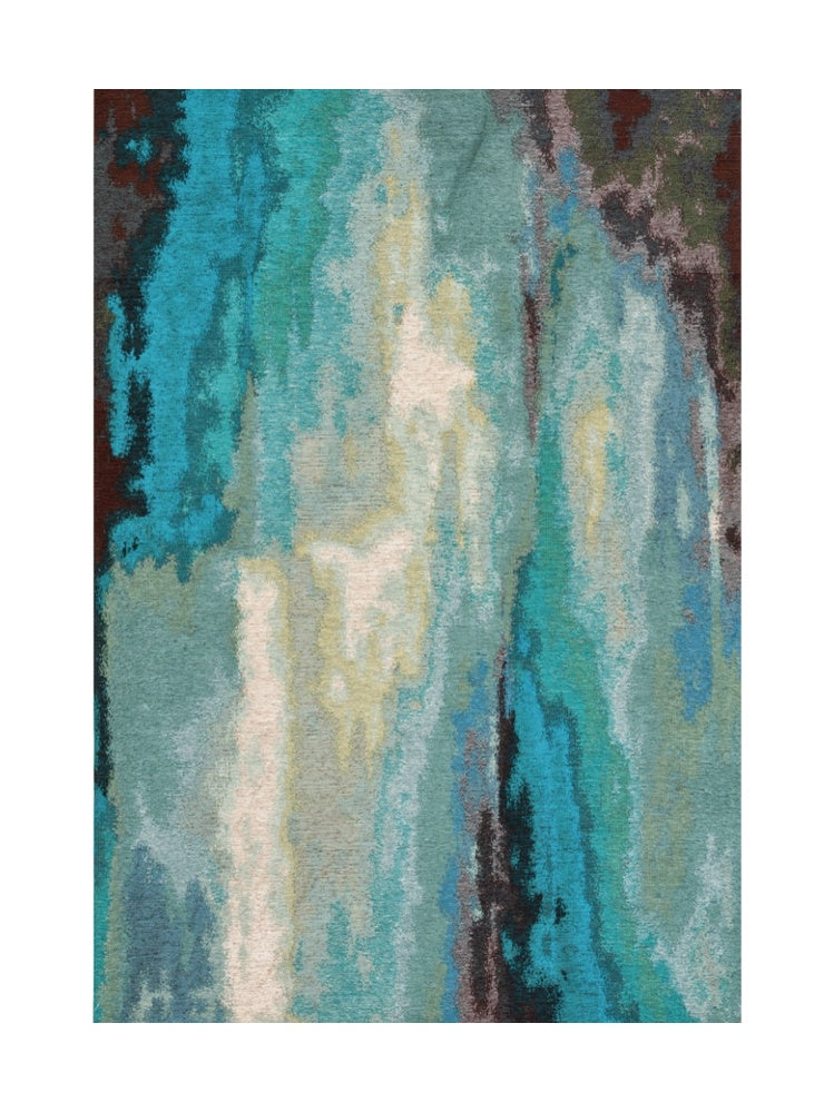 Tapis rectangulaire abstrait aux motifs flous, dominé par des nuances de turquoise, avec des touches de brun et de blanc