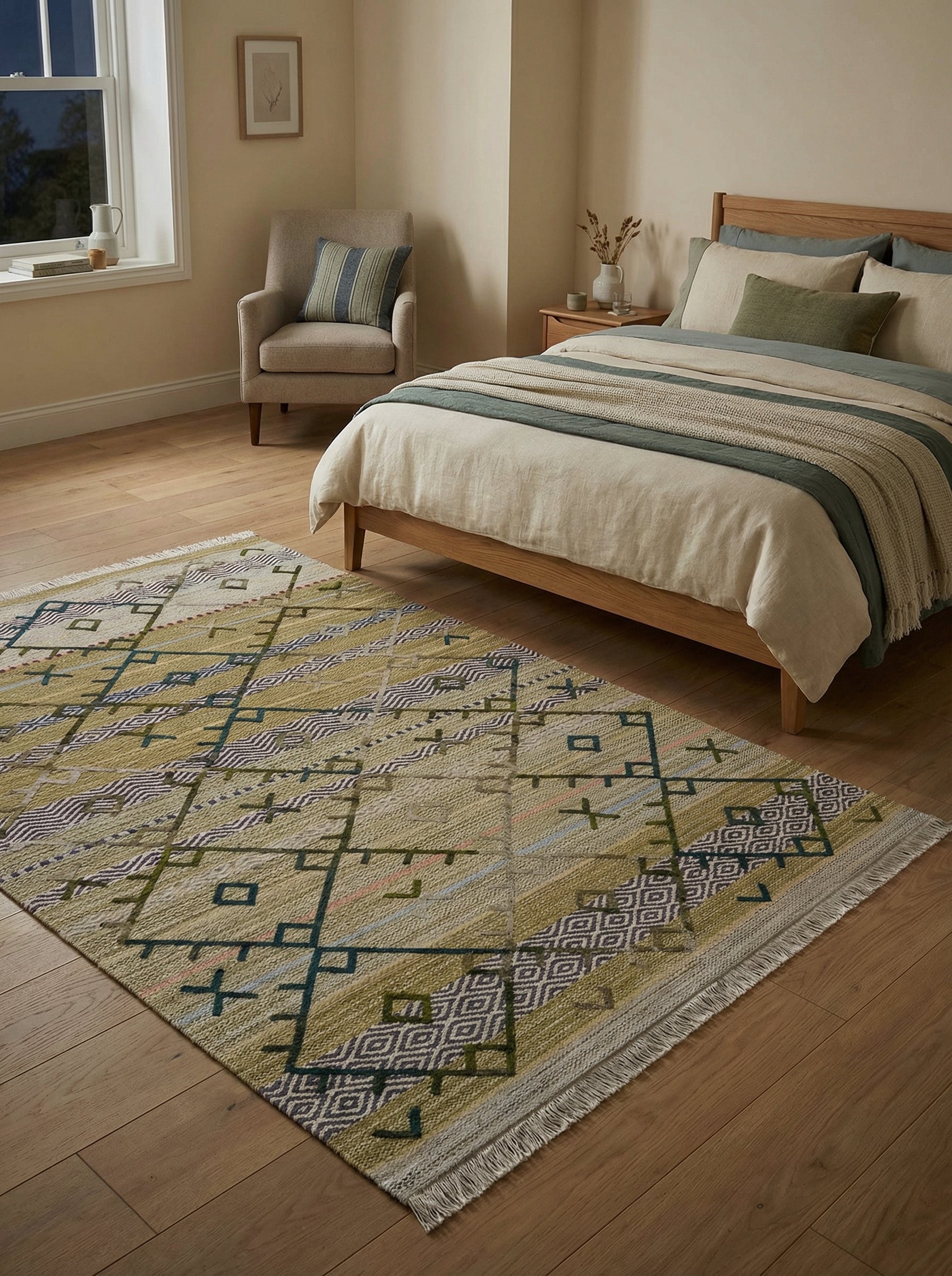 Tapis rectangulaire vert olive à motifs géométriques bleus, violets et beiges, avec franges, posé sur un plancher en bois dans une chambre