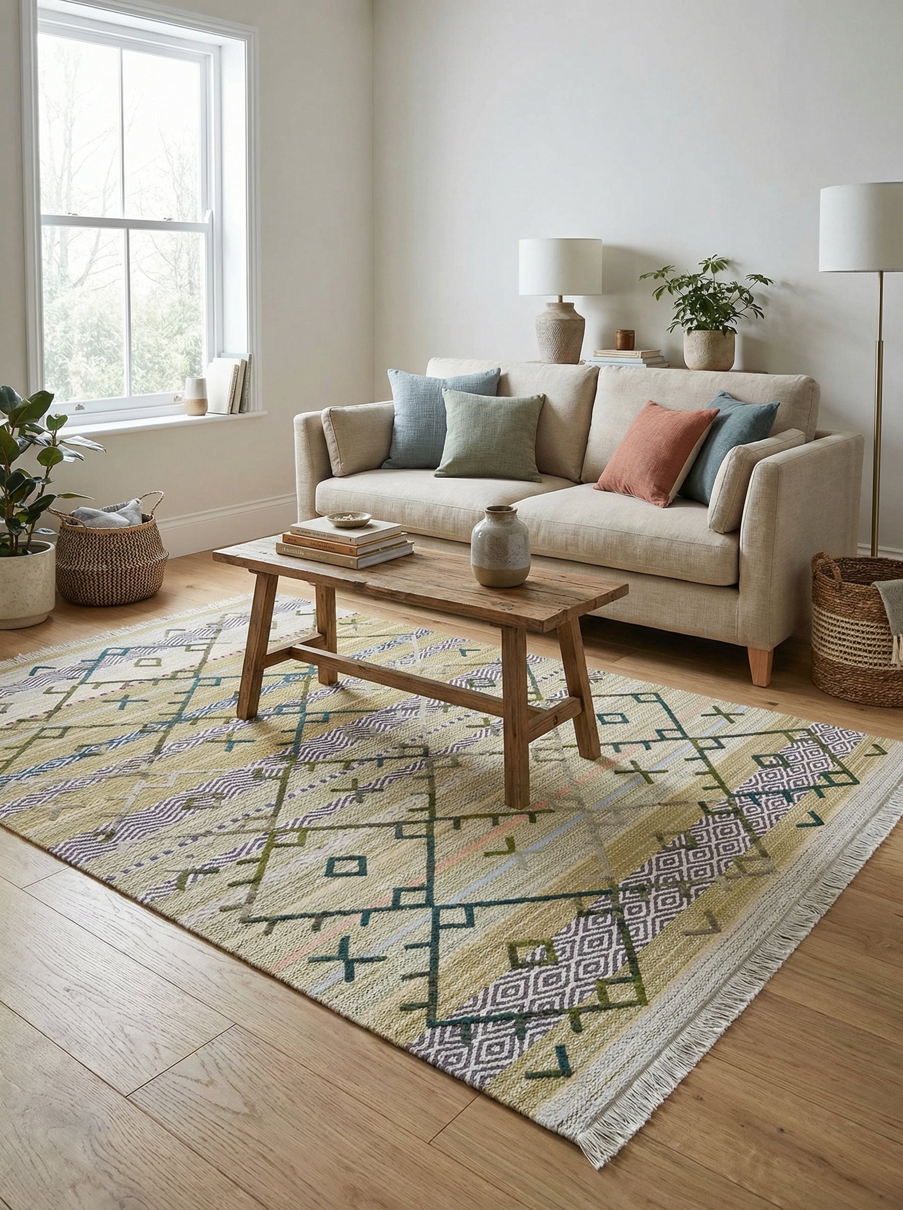 Tapis rectangulaire tissé plat multicolore aux motifs géométriques (vert, bleu, violet, rose) avec franges, dans un salon