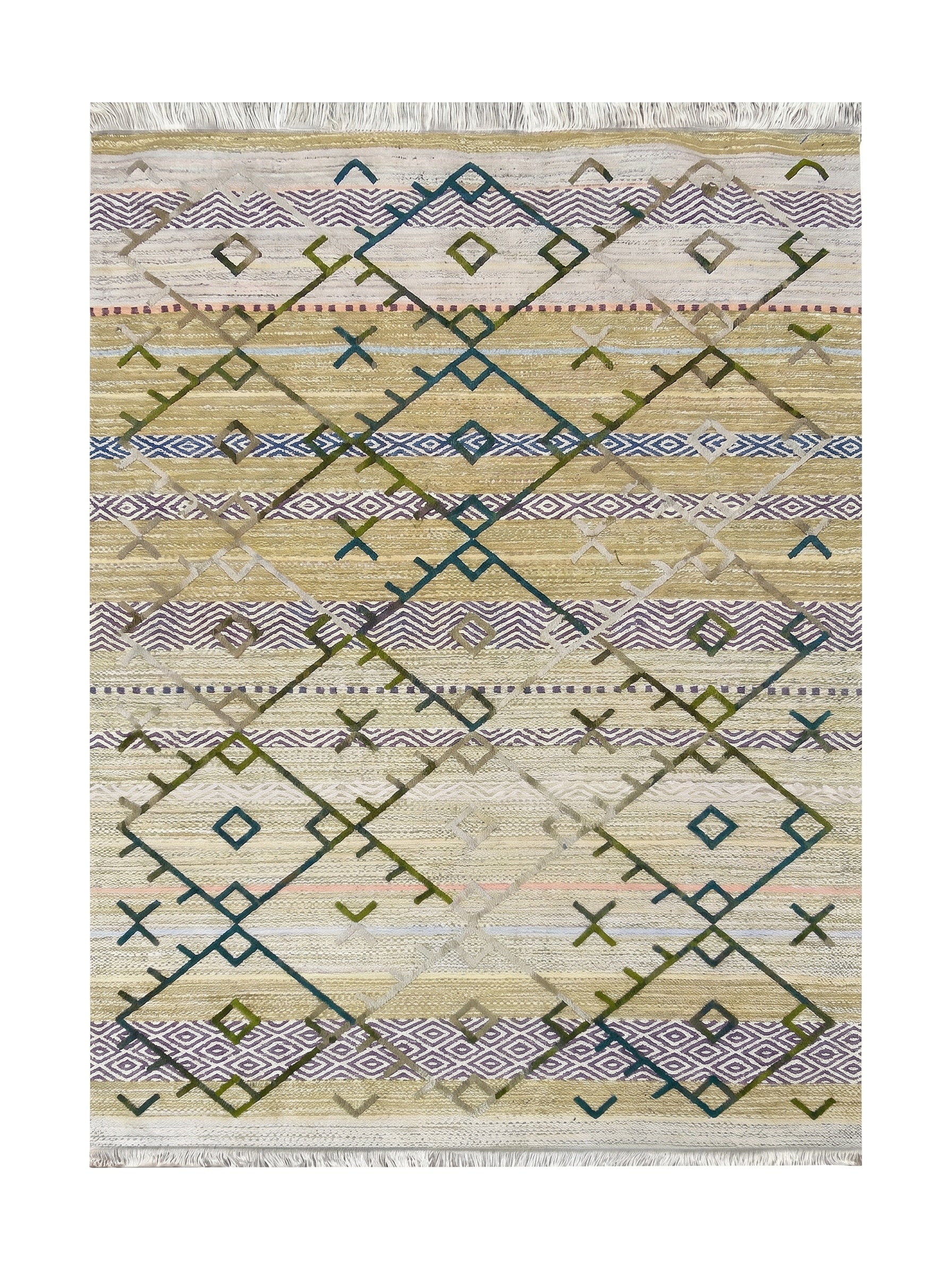 Tapis beige clair à franges et motifs géométriques variés en bandes horizontales vert, bleu, gris et rose
