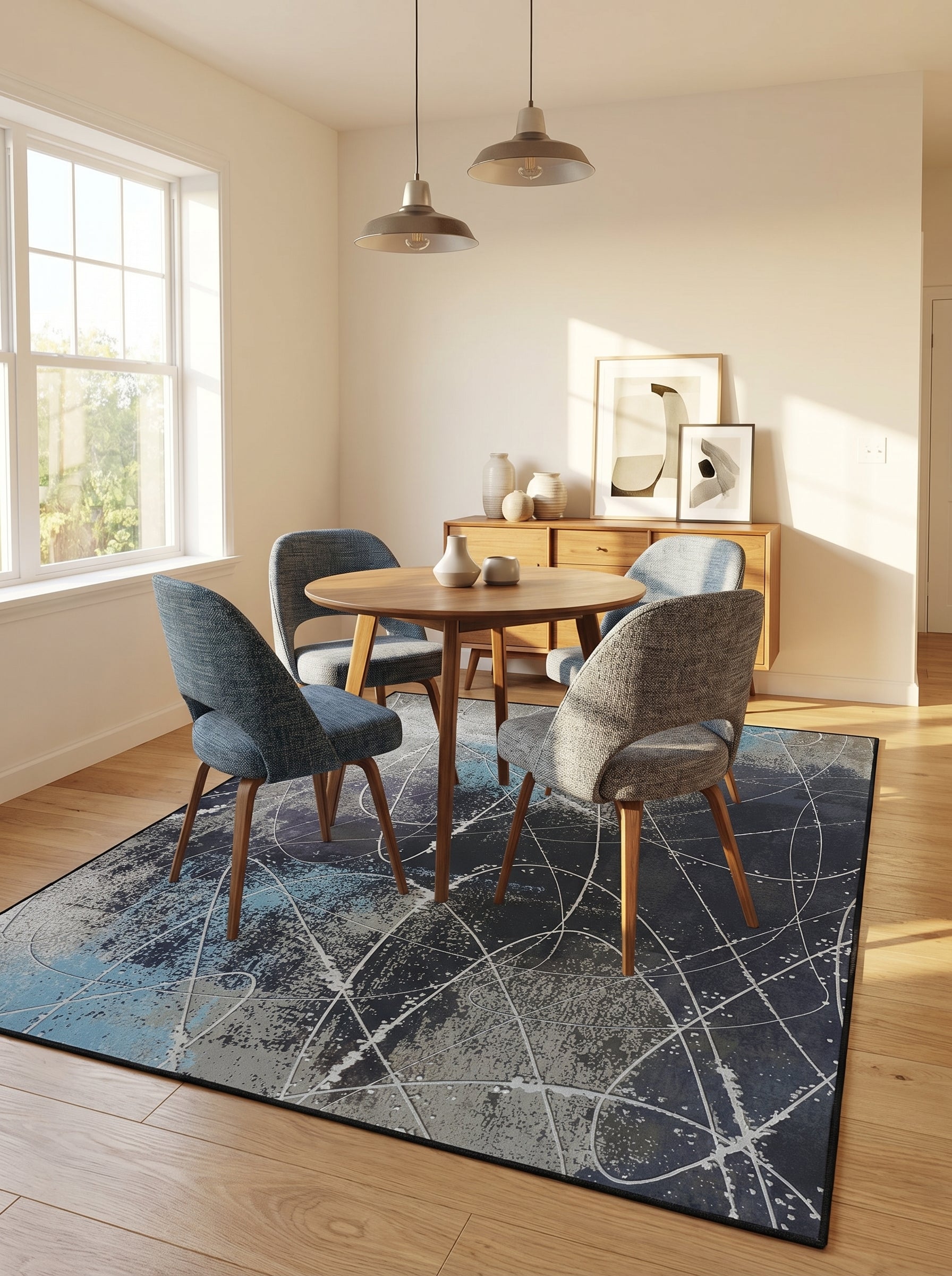 Tapis rectangulaire à motifs abstraits de taches grises, bleues claires et de fines lignes blanches sur fond bleu foncé, dans une salle à manger