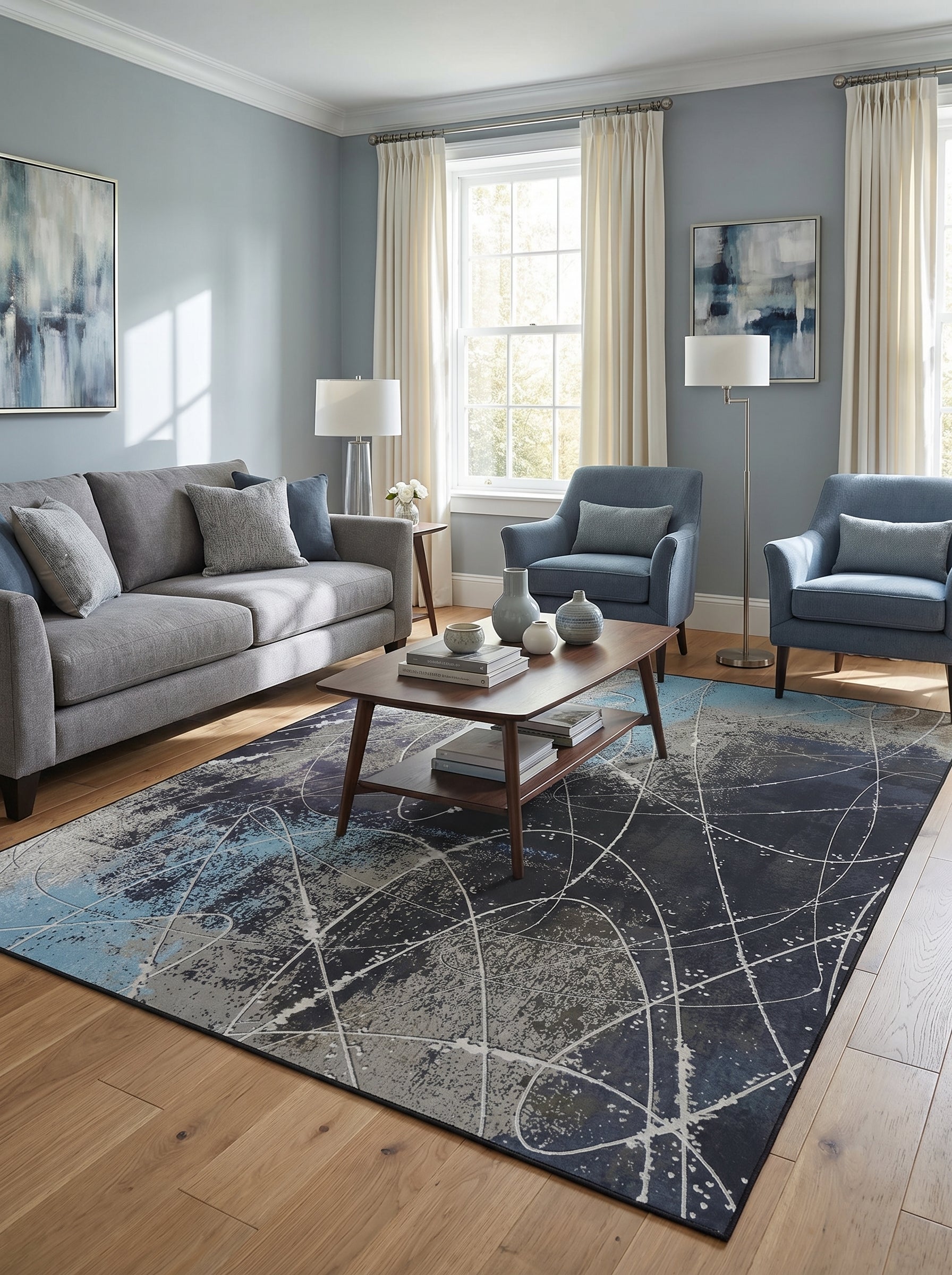 Tapis textile rectangulaire abstrait aux motifs éclaboussés gris, bleu et noir, avec fines lignes blanches, dans un salon moderne