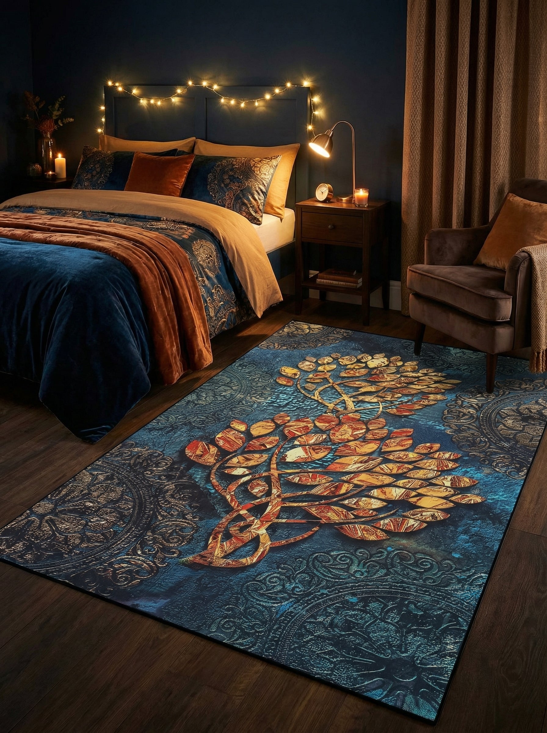 Tapis rectangulaire bleu marine à motifs entrelacés dorés et ocre, sur fond ornemental discret, dans une chambre cozy