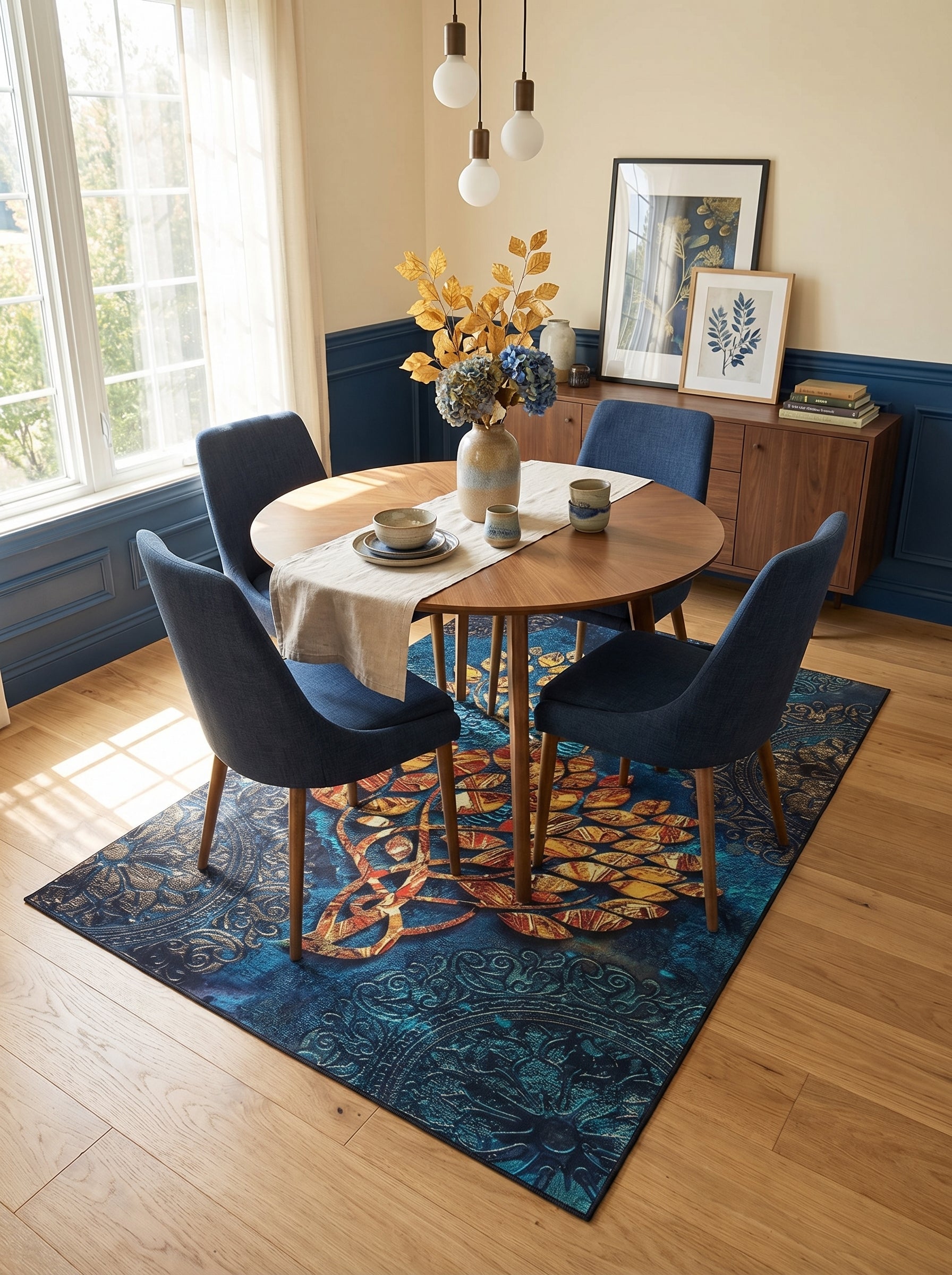 Tapis rectangulaire bleu turquoise avec un grand motif floral jaune, orange et rouge, bordé d'arabesques dorées, dans une salle à manger