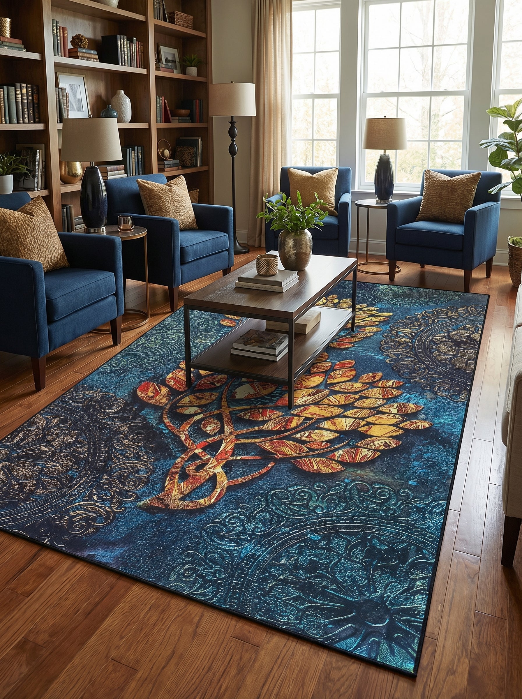 Tapis rectangulaire bleu intense avec un grand motif celtique doré et orangé, entouré de médaillons stylisés ton sur ton. Au centre d'un salon