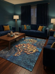 Tapis rectangulaire bleu intense avec un motif végétal doré et orangé, entouré de motifs ornementaux, dans un salon