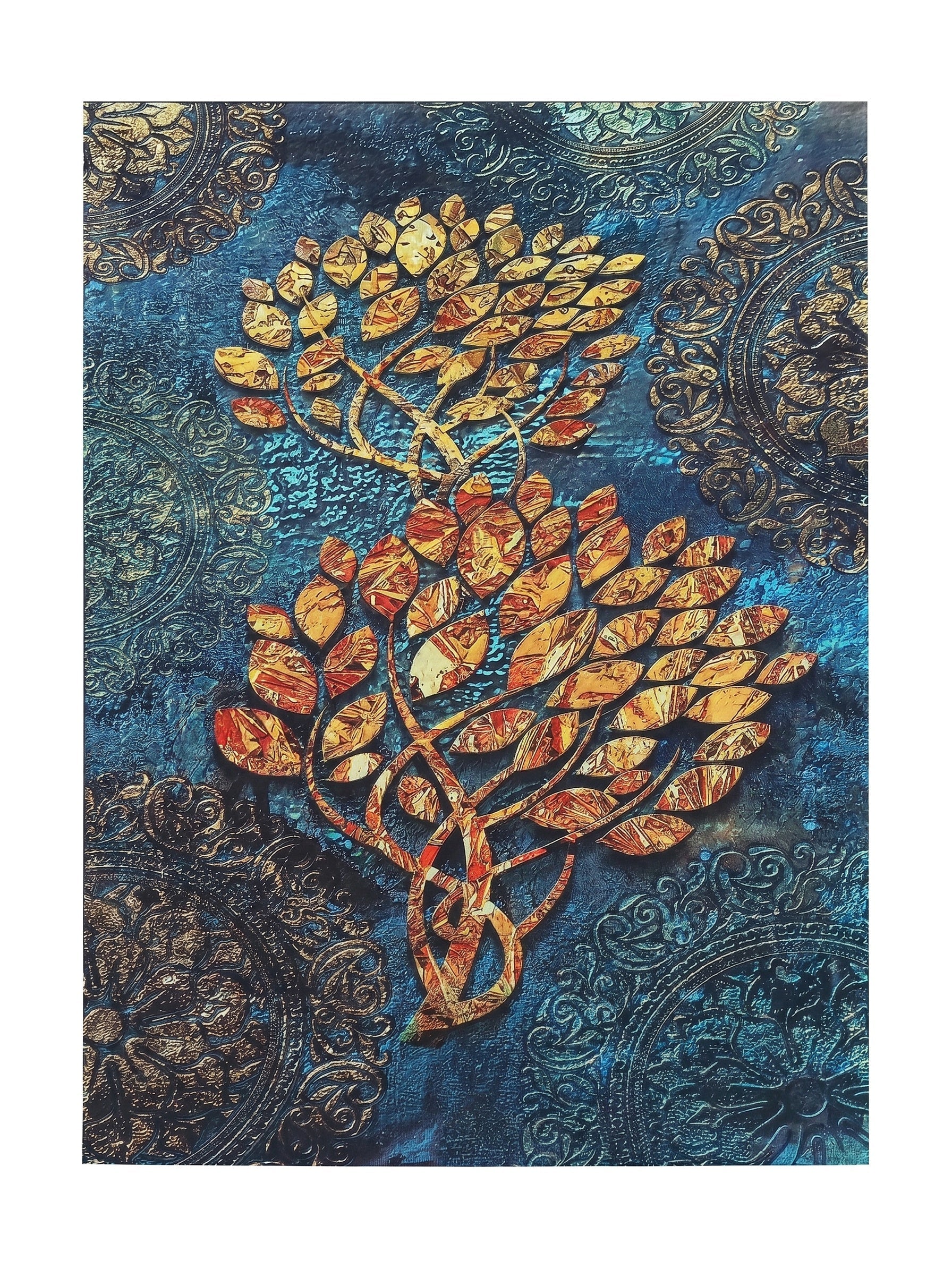 Tapis aux nuances de bleu et turquoise, orné de deux arbres stylisés aux feuilles dorées et cuivrées, sur fond de motifs ornementaux texturés