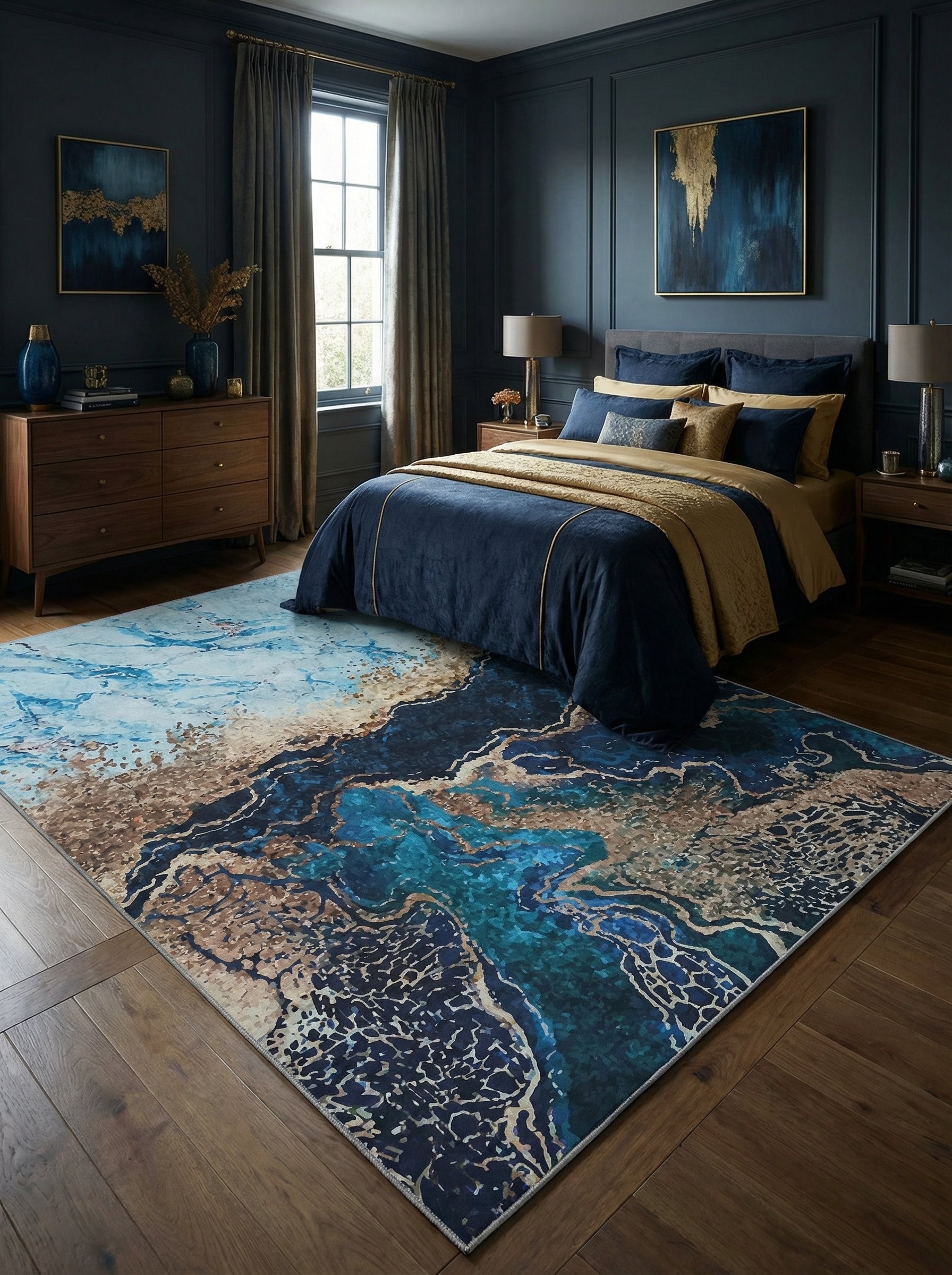 Grand tapis rectangulaire aux motifs abstraits bleus, turquoises et or, rappelant une carte vue du ciel, dans une chambre élégante