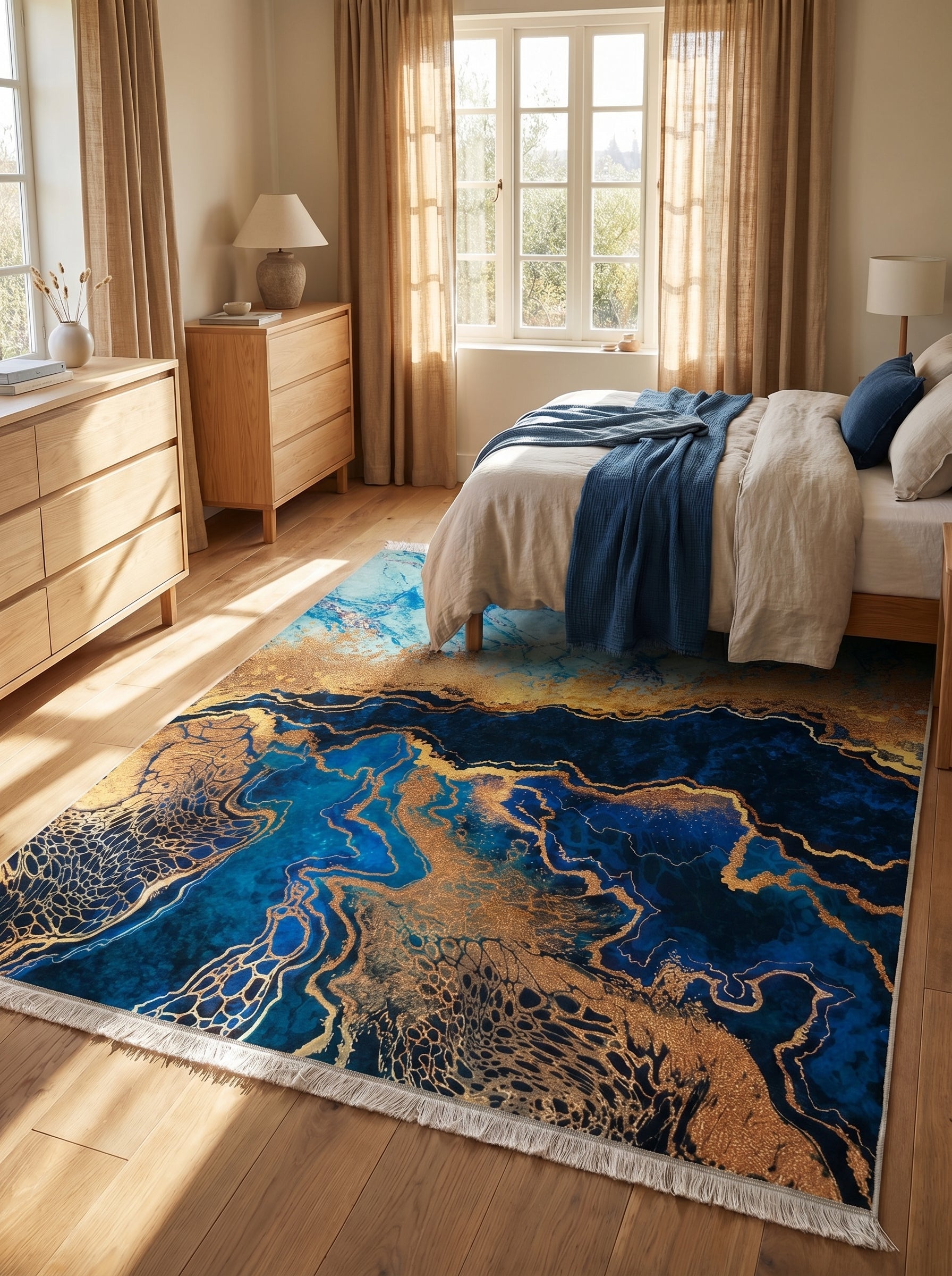 Tapis rectangulaire bleu marine, turquoise et or aux motifs de veines fluides et franges blanches, posé sur un parquet dans une chambre lumineuse