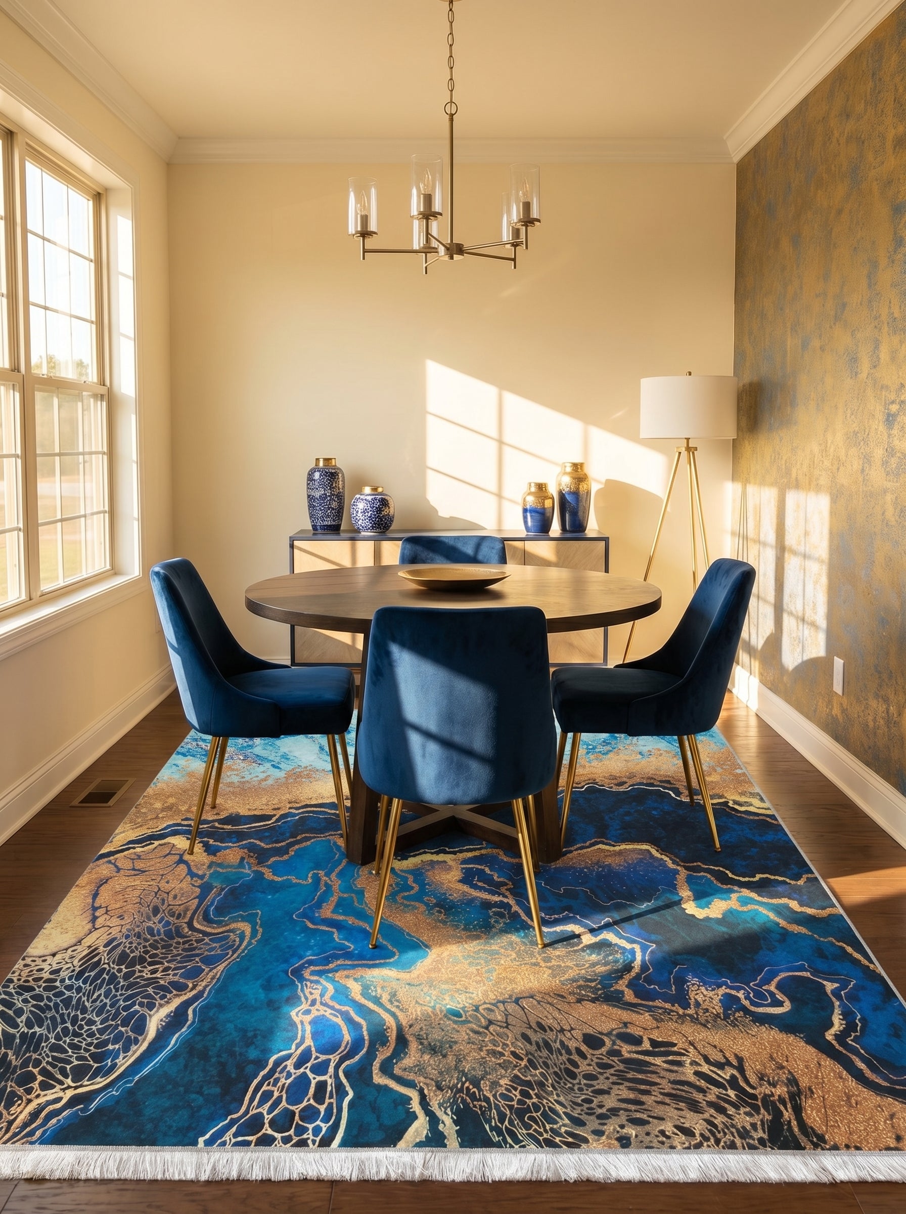 Tapis rectangulaire bleu profond et or aux motifs abstraits de marbre fluide, sous une table de salle à manger avec des chaises bleues