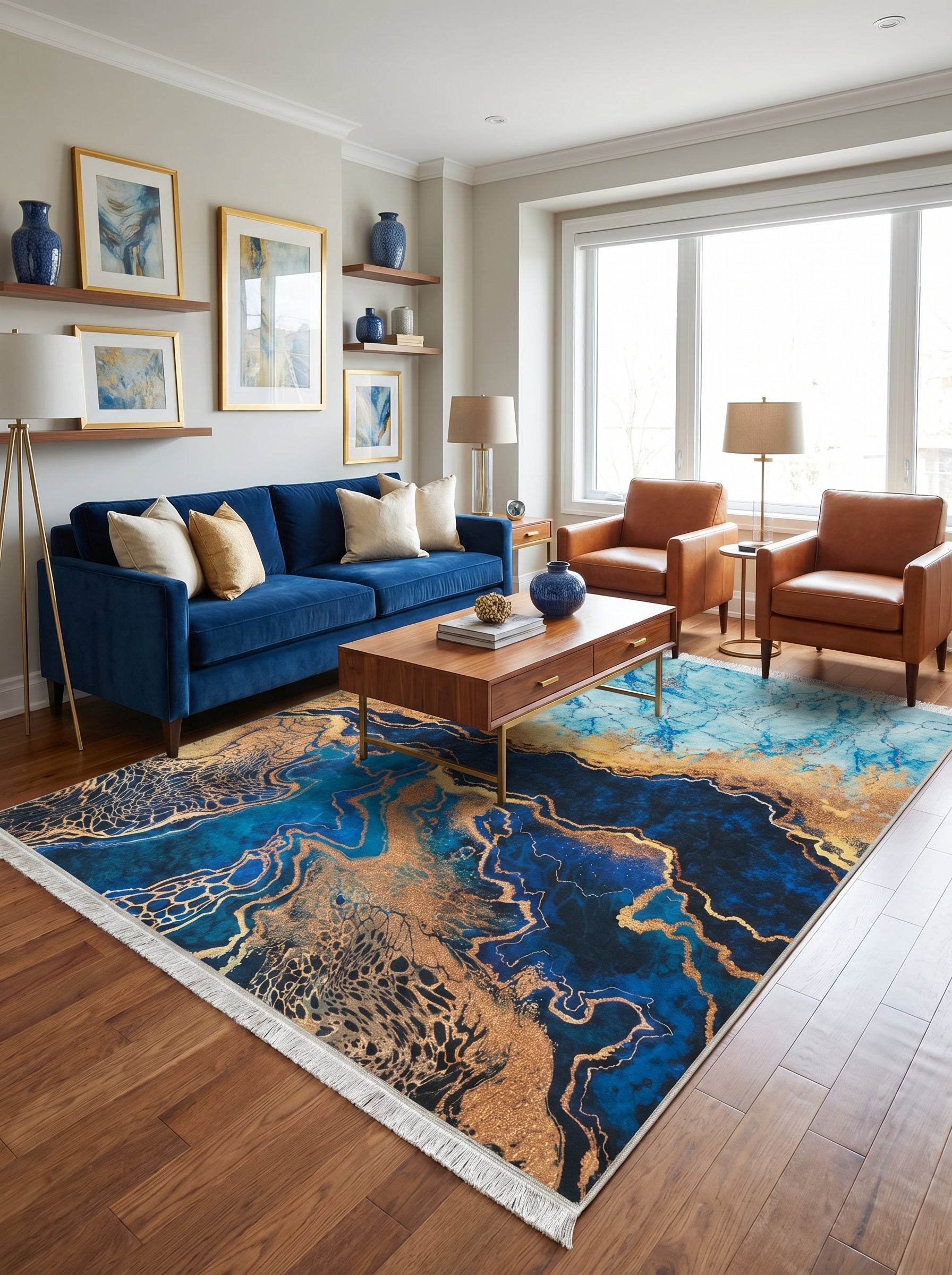 Tapis rectangulaire à motifs abstraits marbrés bleu foncé, turquoise et or brillant avec des franges blanches dans un salon moderne