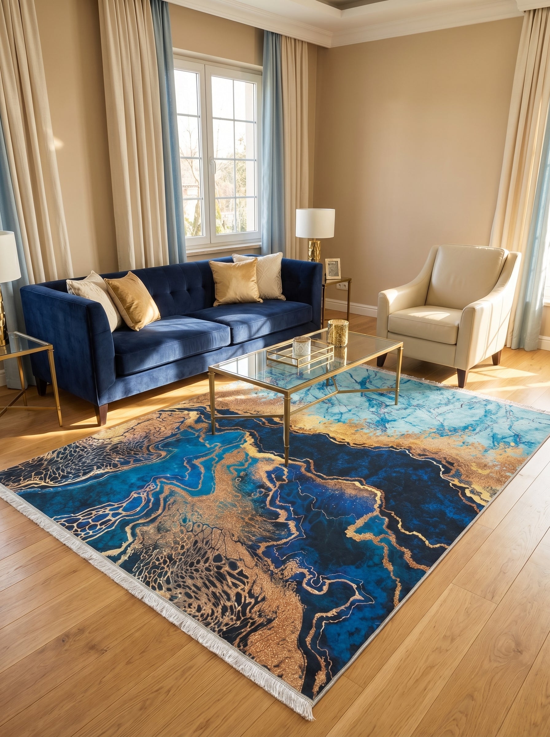 Tapis rectangulaire à motifs abstraits marbrés bleus profonds, turquoise et or métallique, posé sur un parquet clair dans un salon