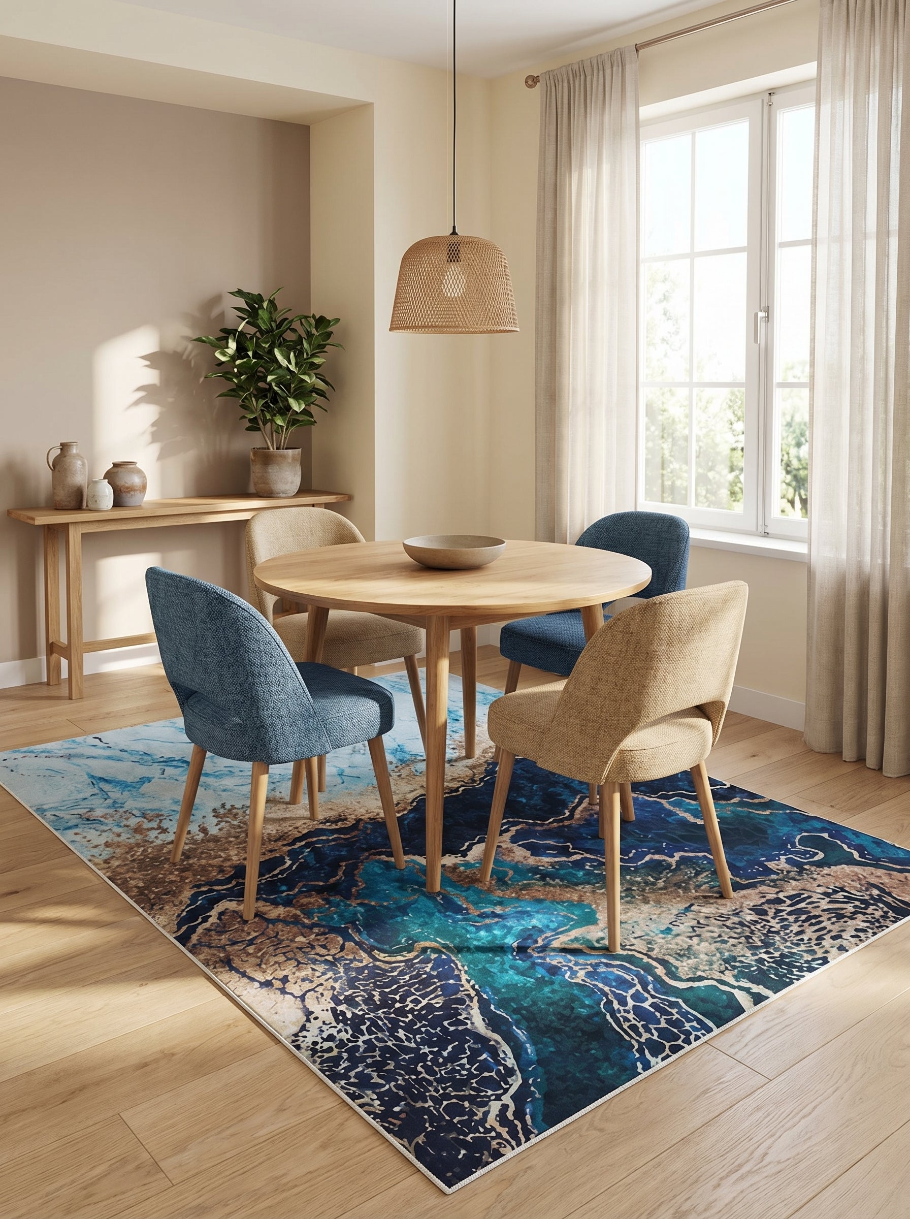 Tapis rectangulaire abstrait aux motifs de vagues bleues, turquoise et or, posé sous une table dans une salle à manger lumineuse