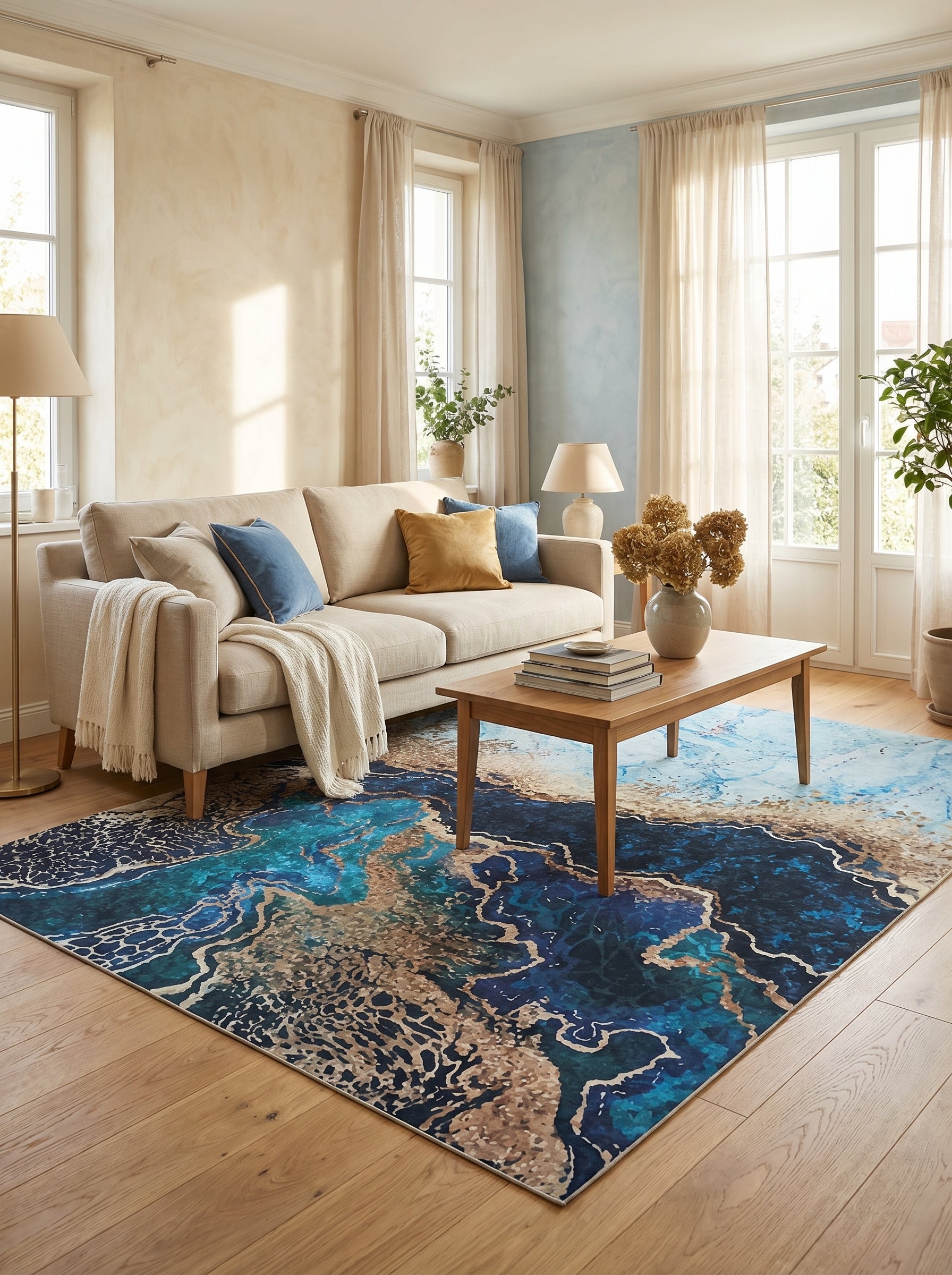 Tapis rectangulaire aux motifs abstraits marbrés bleus profonds, turquoise et beige doré, sur parquet clair d'un salon