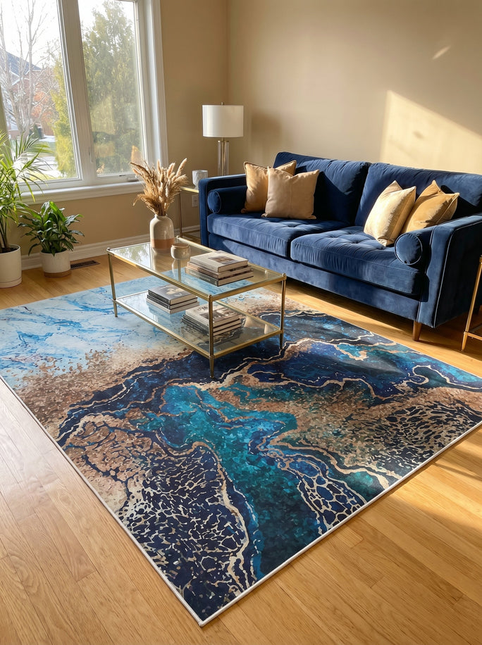 Golden Blue Contemporary Washable Rug - Terrazzo