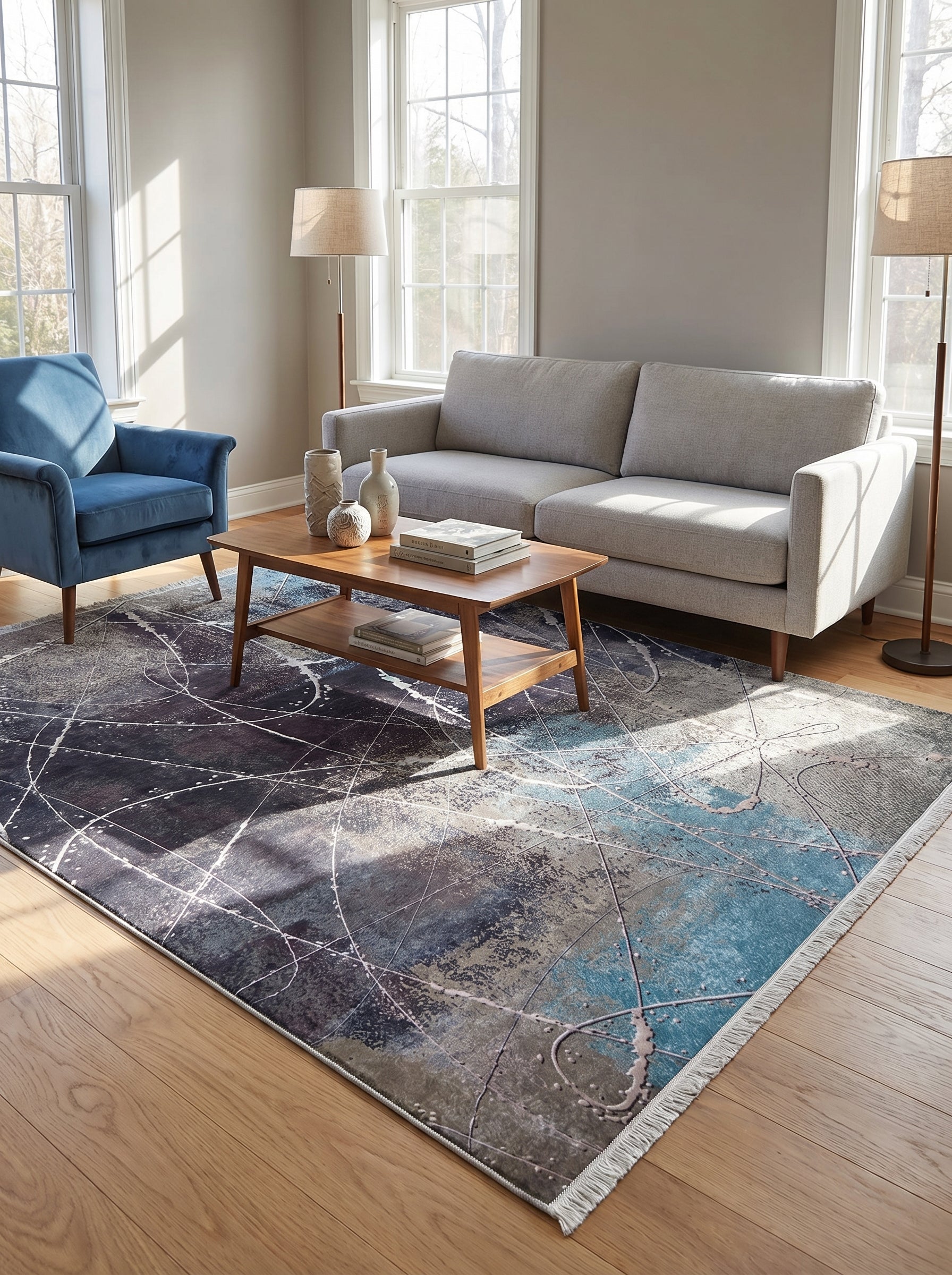 Tapis rectangulaire abstrait bleu, gris et noir, avec des motifs de lignes et éclaboussures blanches, et des franges, dans un salon