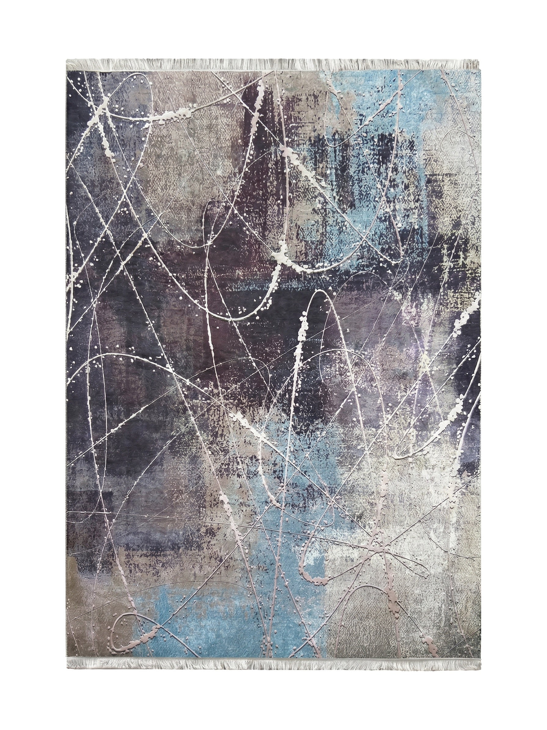 Tapis à motifs abstraits bleus, gris et beiges, orné de lignes et de points texturés blancs et rosés