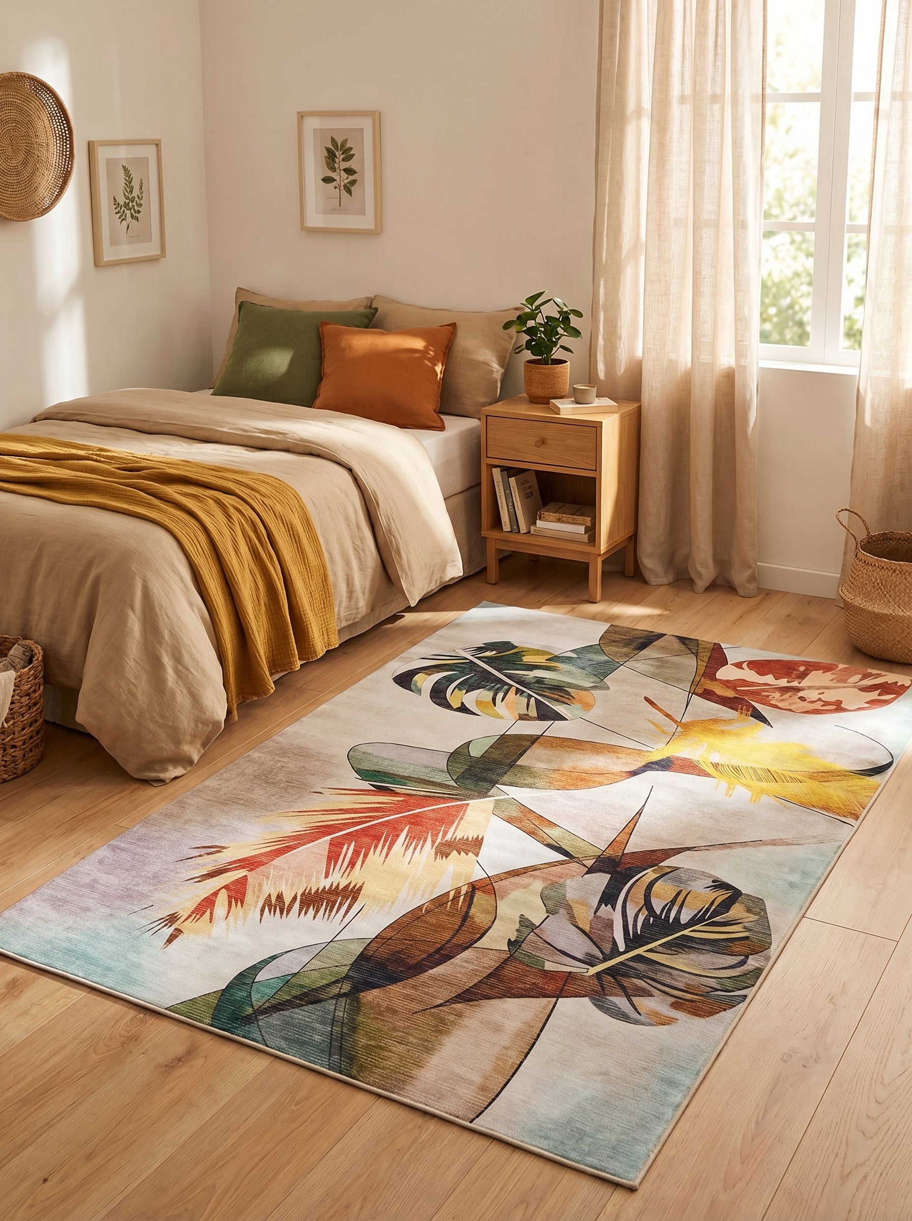 Tapis rectangulaire multicolore à motifs abstraits de feuilles tropicales stylisées sur fond clair, dans une chambre lumineuse
