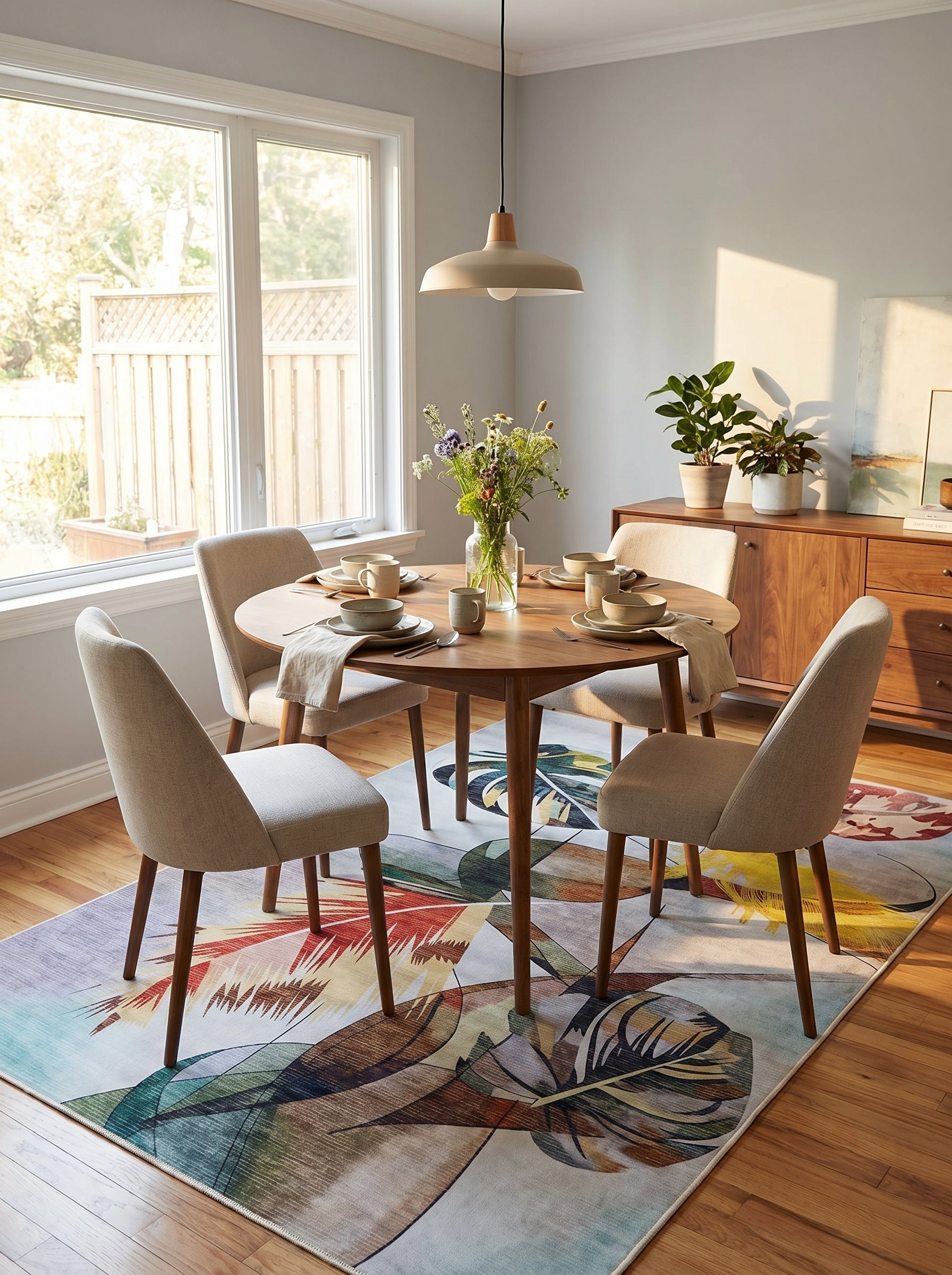 Tapis rectangulaire à motifs de feuilles tropicales stylisées aux couleurs vives vertes, jaunes, rouges et bruns, sur un fond clair, dans une salle à manger lumineuse