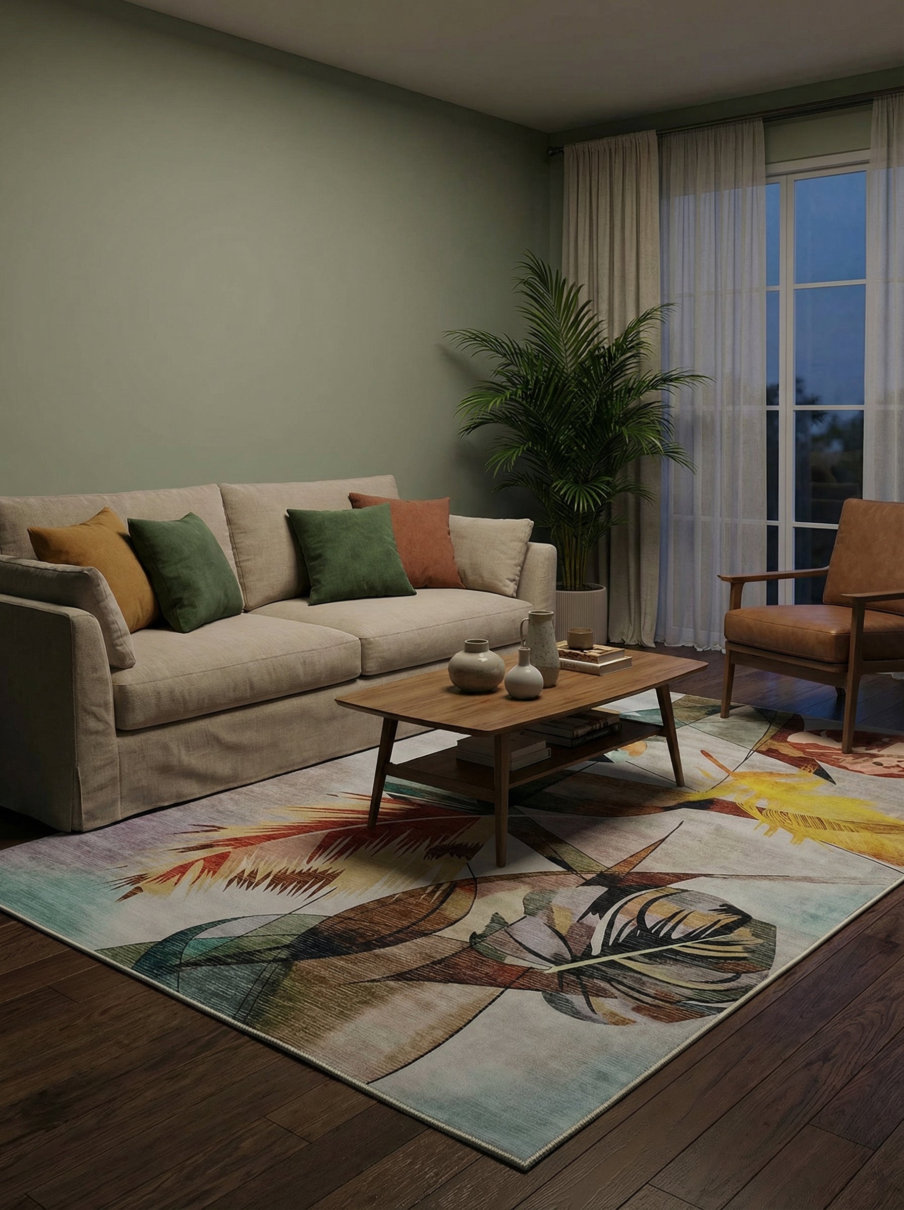 Tapis rectangulaire aux motifs de feuilles tropicales stylisées, multicolores (ocre, vert, rouille, bleu) sur fond clair, dans un salon