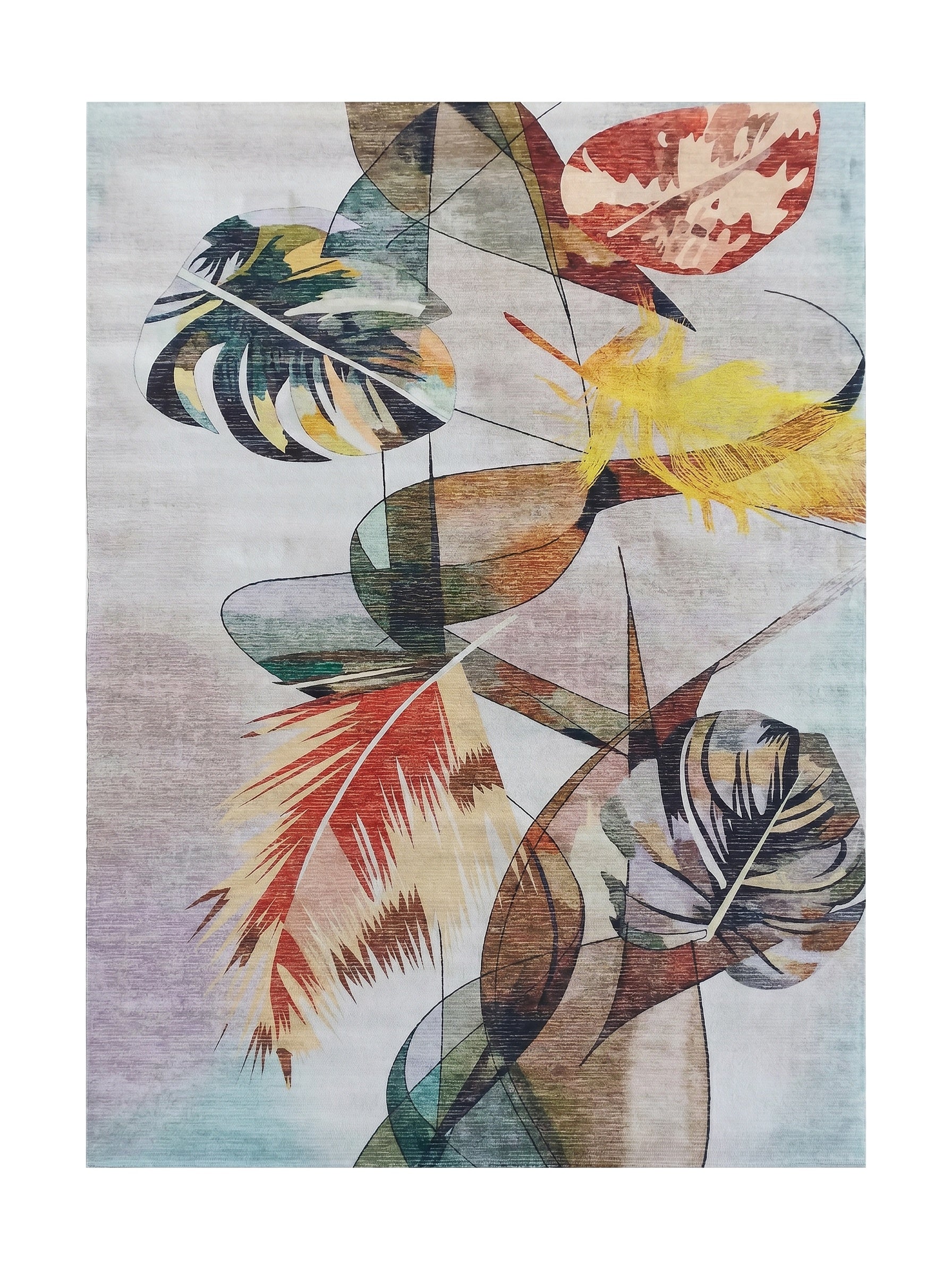 Tapis textile coloré, motifs abstraits de formes organiques et végétales aux couleurs vives sur un fond clair dégradé