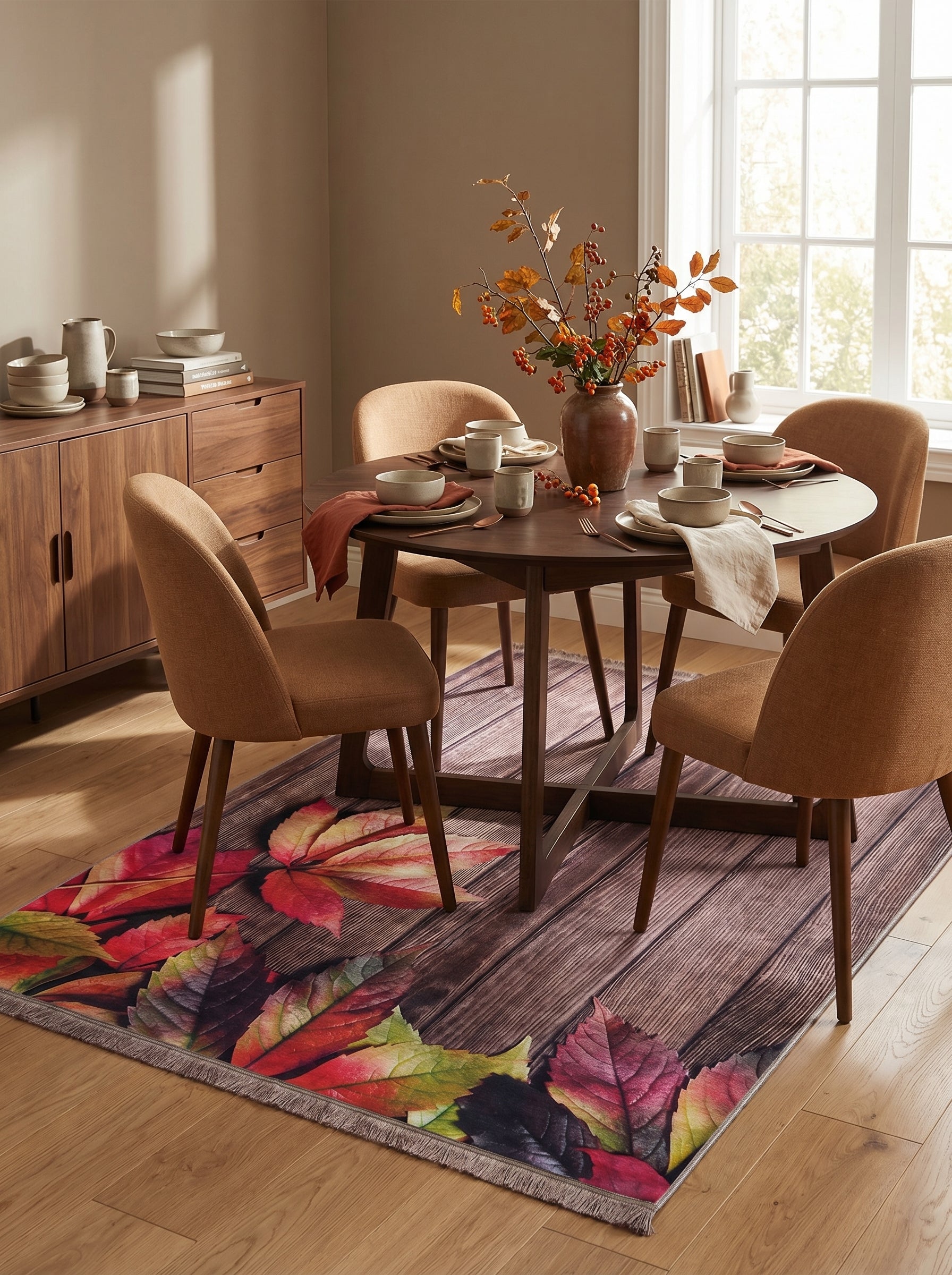 Tapis rectangulaire aux riches motifs de feuilles d'automne sur un fond texturé de planches de bois, dans une salle à manger