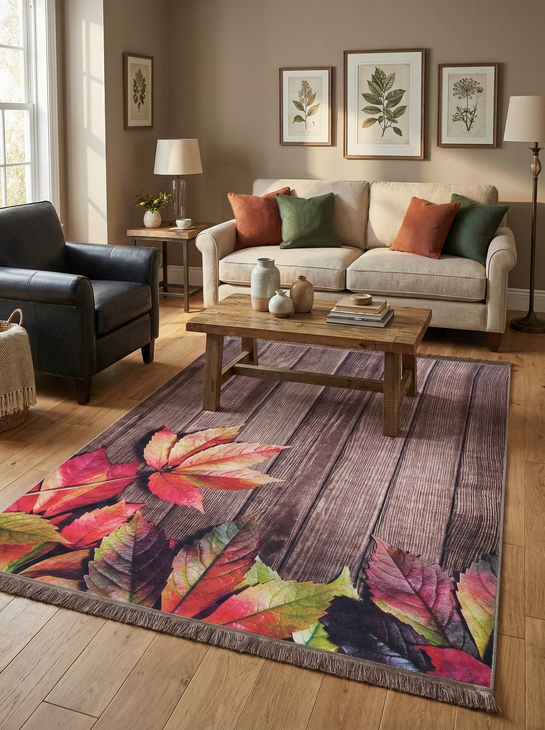Tapis rectangulaire à motifs de feuilles d'automne rouges, orange et vertes sur un fond texturé bois brun, posé dans un salon
