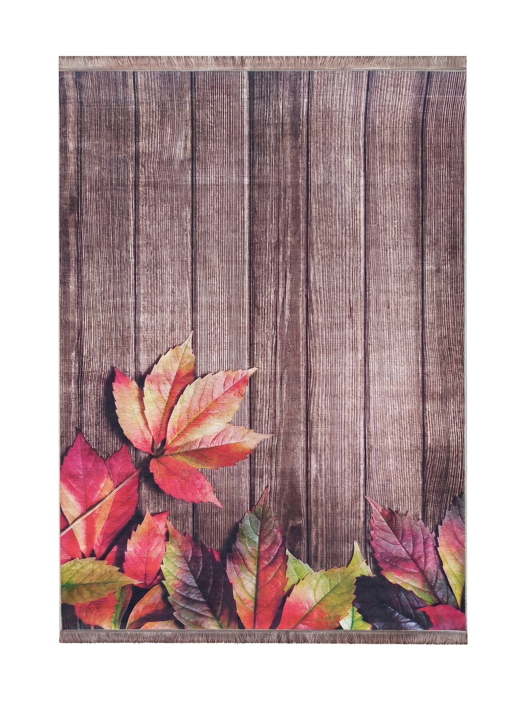 Tapis rectangulaire à motif de planches de bois marron et un parterre de feuilles d'automne multicolores avec franges