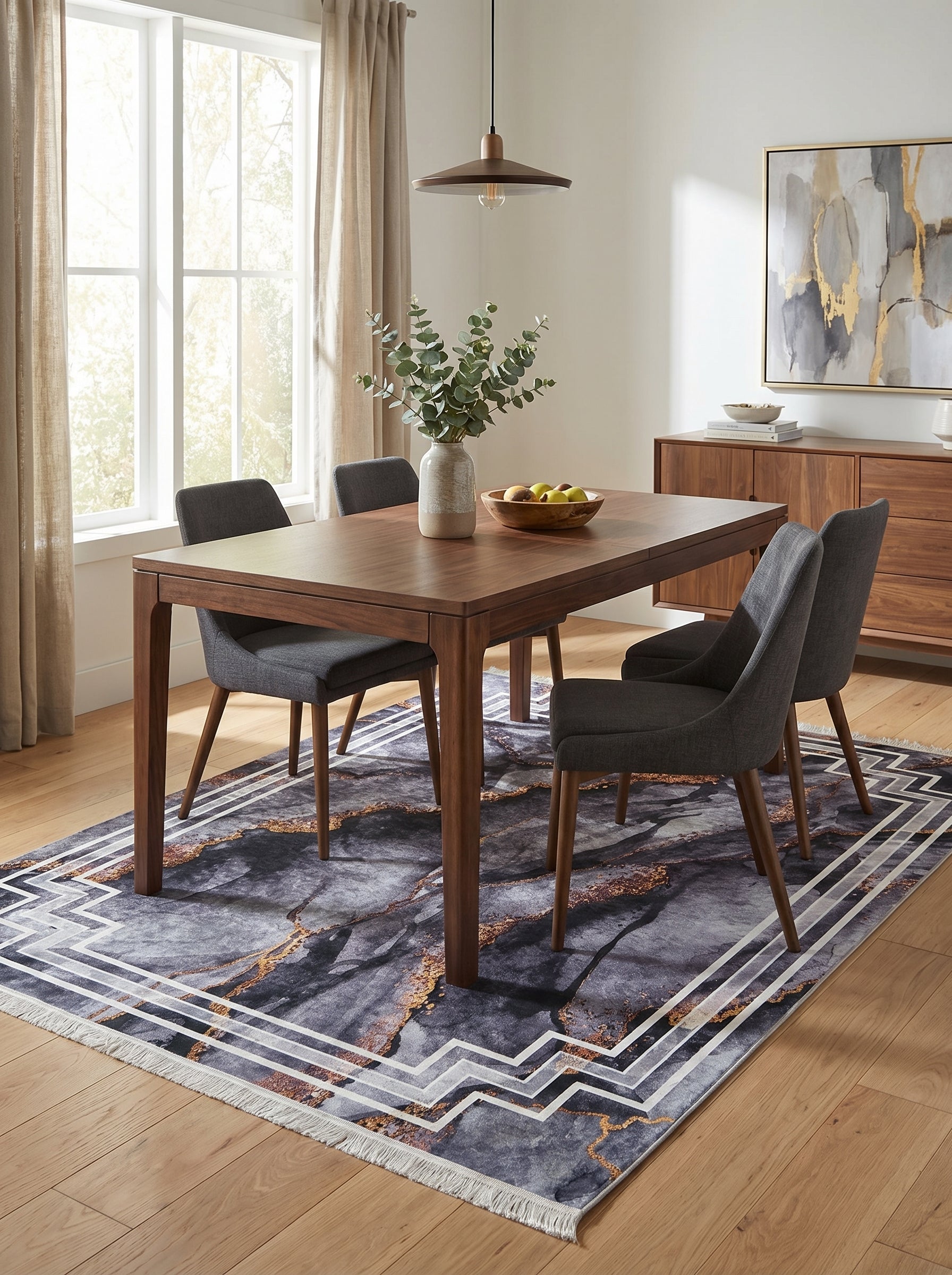 Tapis rectangulaire bleu-gris à motifs marbrés dorés, bordure géométrique blanche et franges, dans une salle à manger