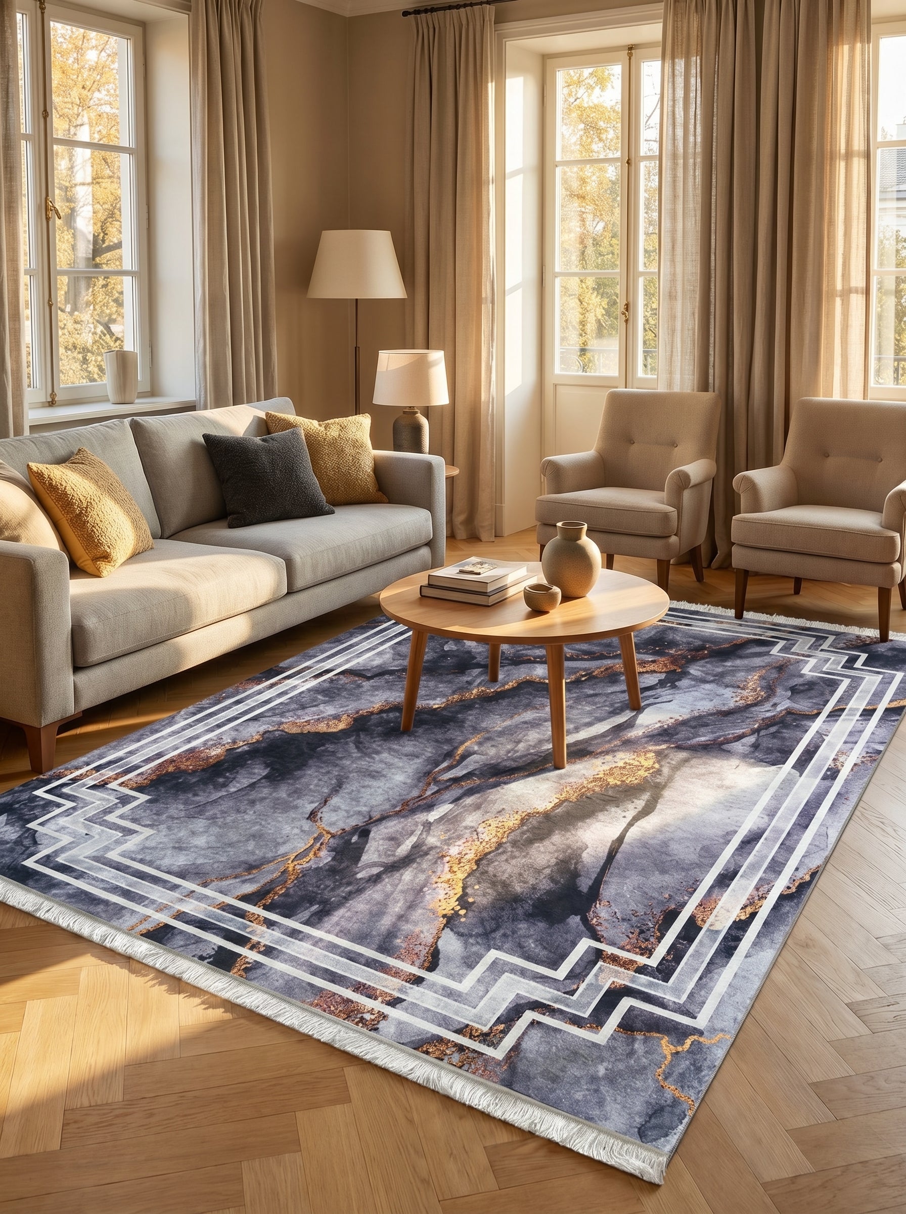 Tapis rectangulaire bleu-gris effet marbre avec veines dorées, bordure géométrique blanche et franges claires, posé dans un salon lumineux