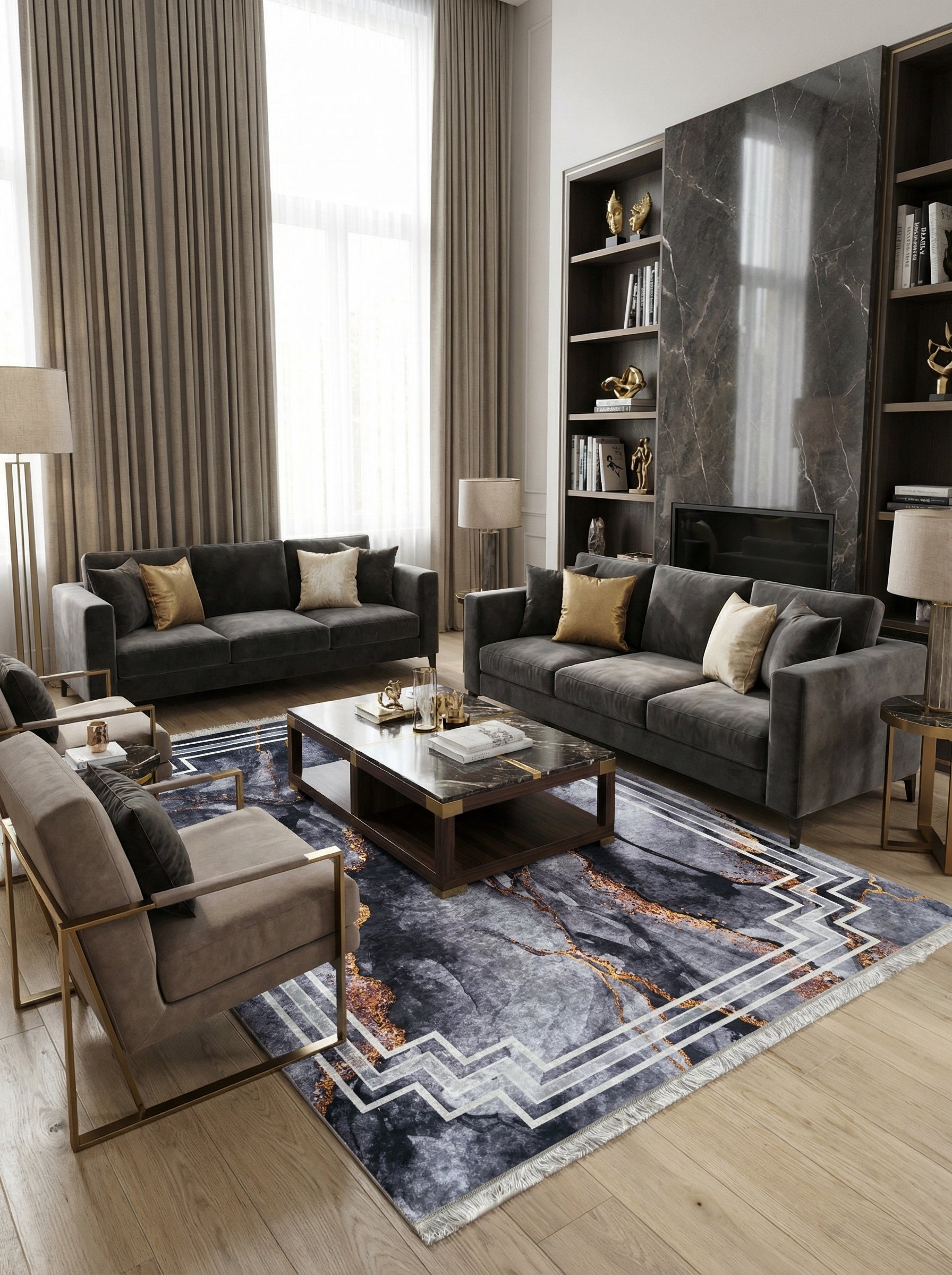 Tapis rectangulaire moelleux gris foncé, motifs marbrés dorés et bordures géométriques blanches, dans un salon élégant